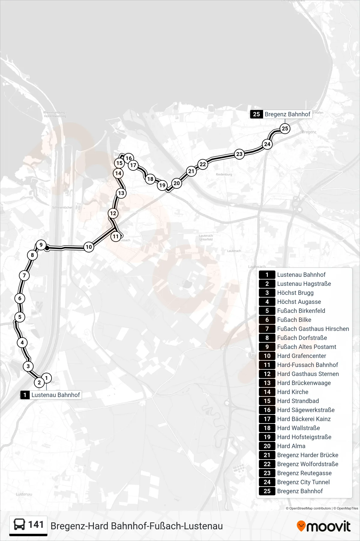 141 bus Line (Bregenz Bahnhof) route and stops on a map