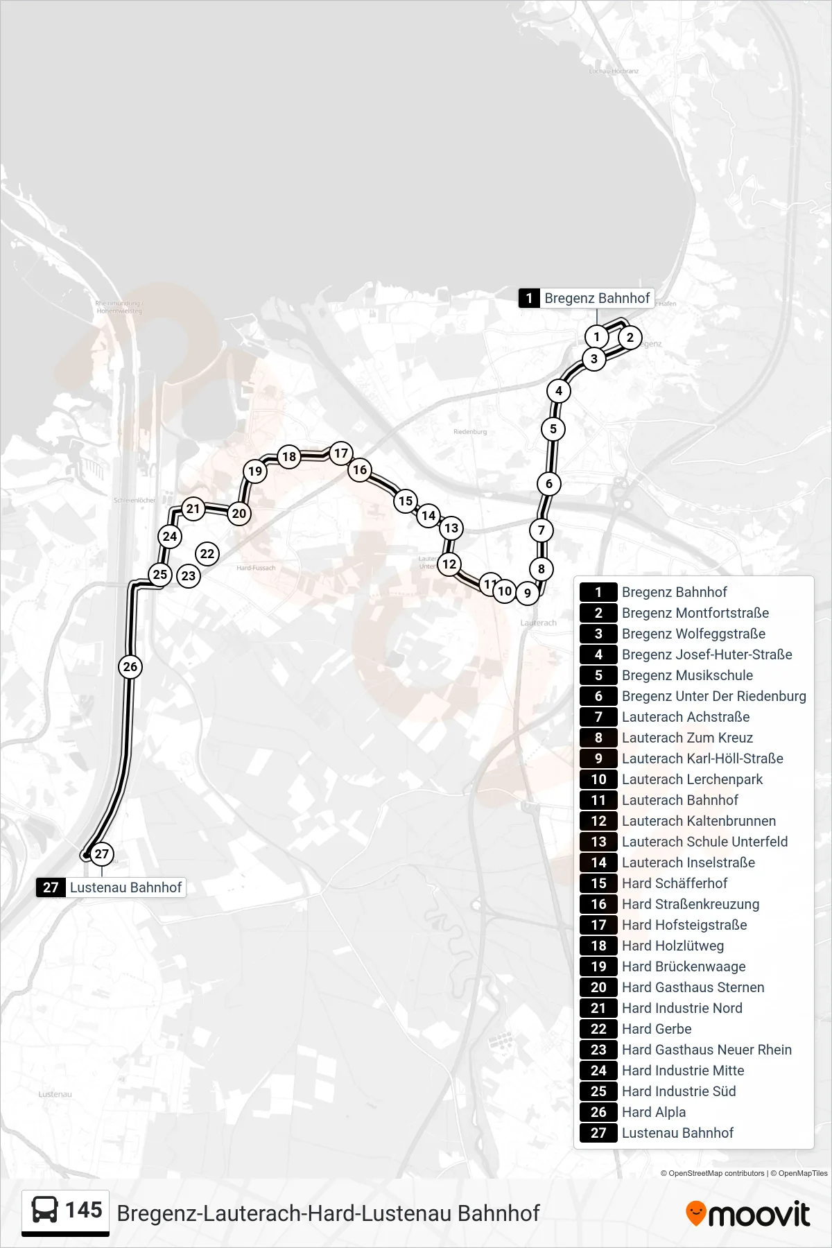 Linie 145 (Bus) Richtung Lustenau Bahnhof: Route und Haltestellen auf der Karte