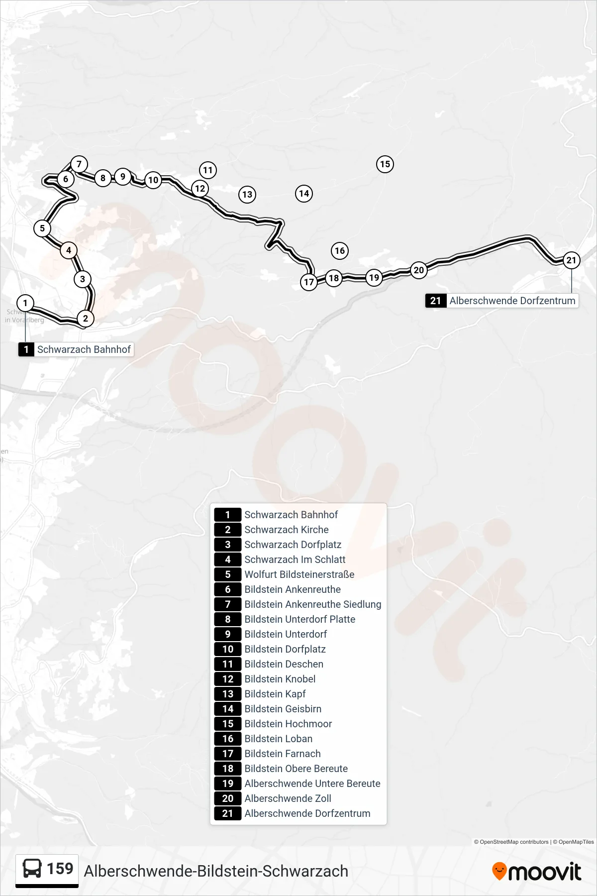 Linie 159 (Bus) Richtung Alberschwende Dorfzentrum: Route und Haltestellen auf der Karte