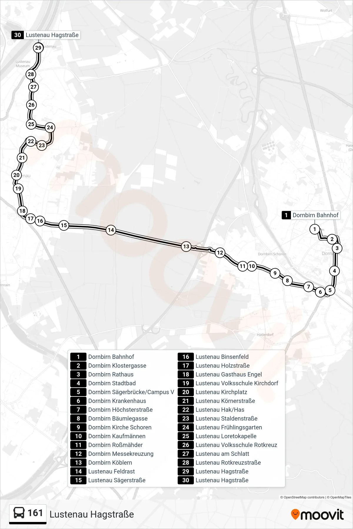161 bus Line (Lustenau Hagstraße) route and stops on a map