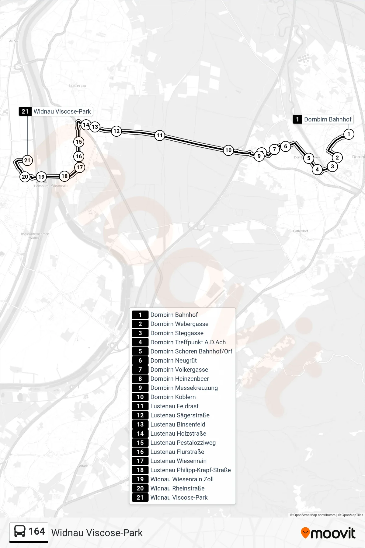 164 bus Line (Widnau Viscose-Park) route and stops on a map