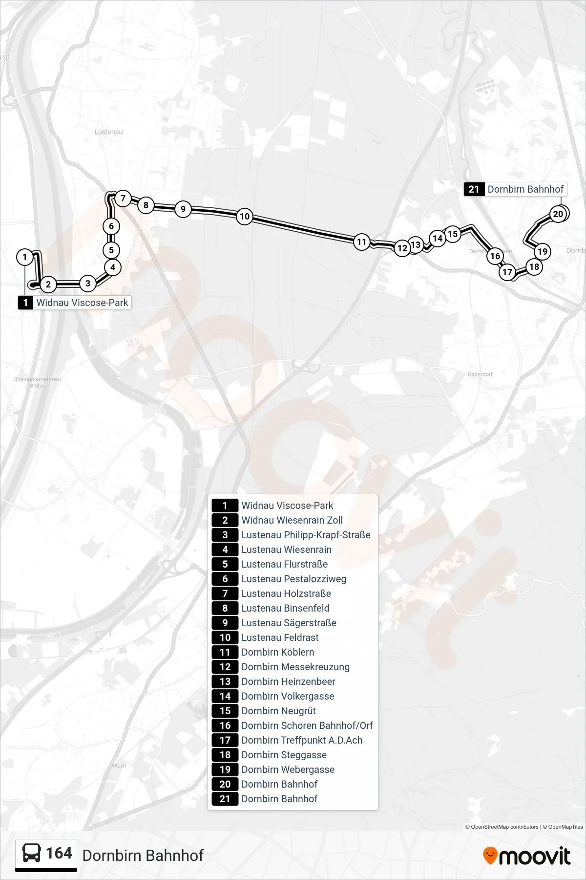 Linie 164 (Bus) Richtung Dornbirn Bahnhof: Route und Haltestellen auf der Karte