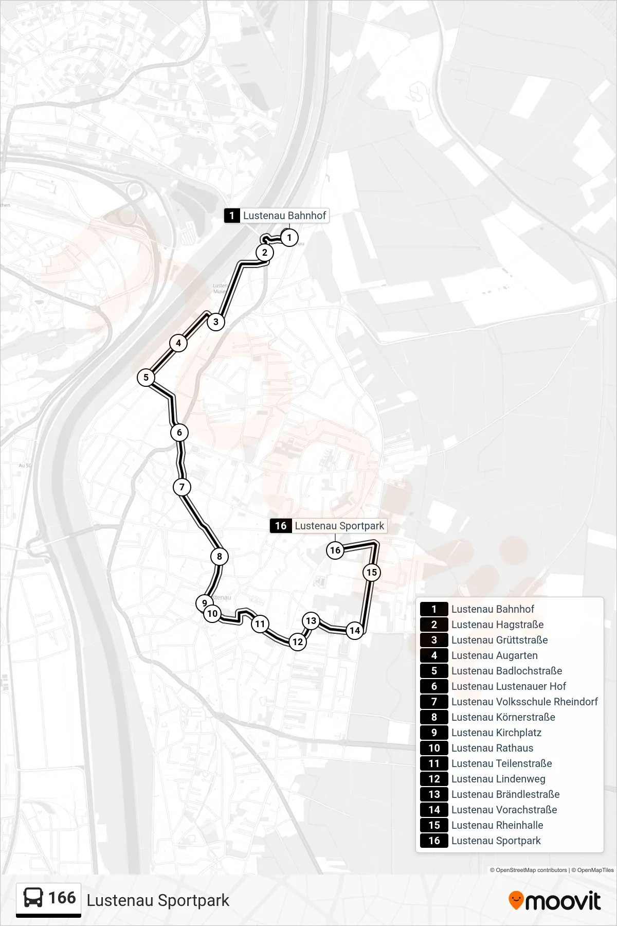 166 bus Line (Lustenau Sportpark) route and stops on a map