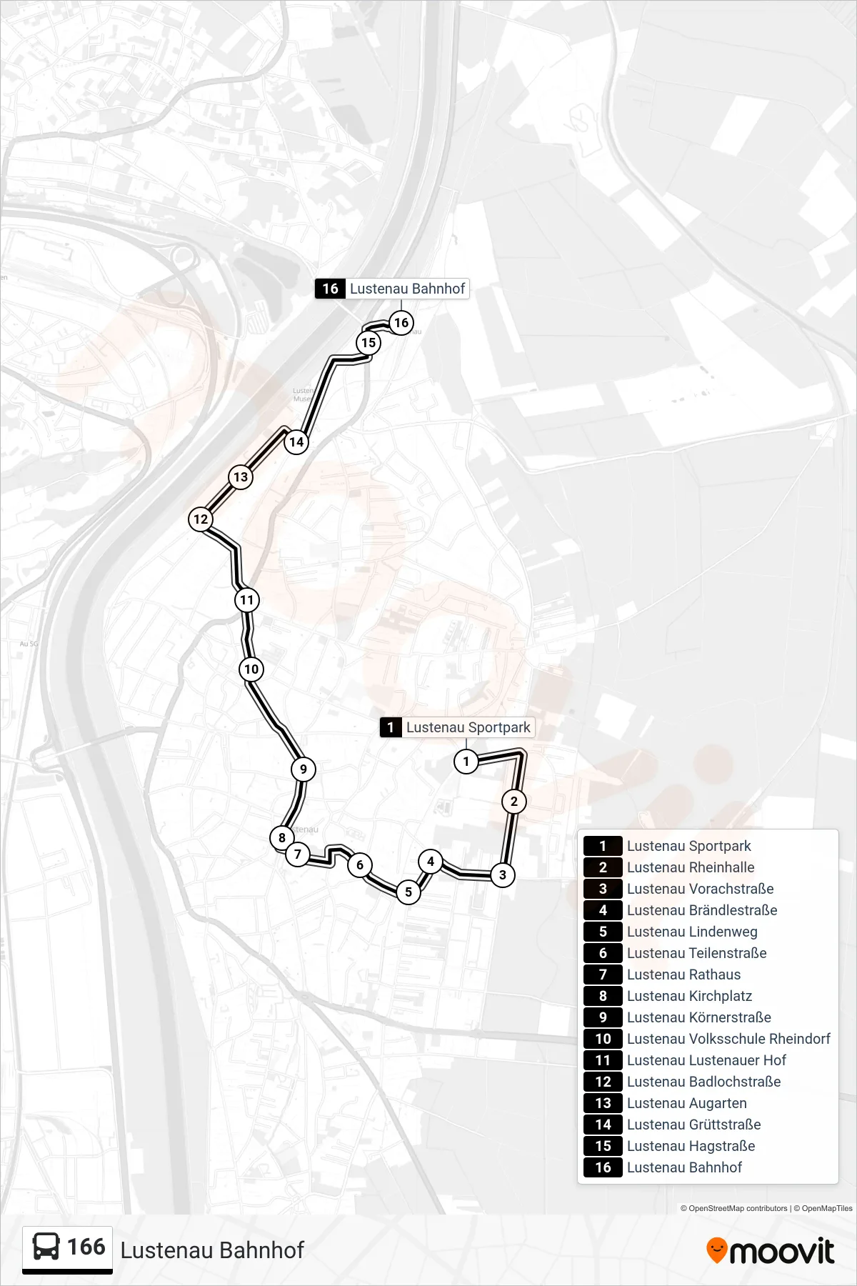Linie 166 (Bus) Richtung Lustenau Bahnhof: Route und Haltestellen auf der Karte