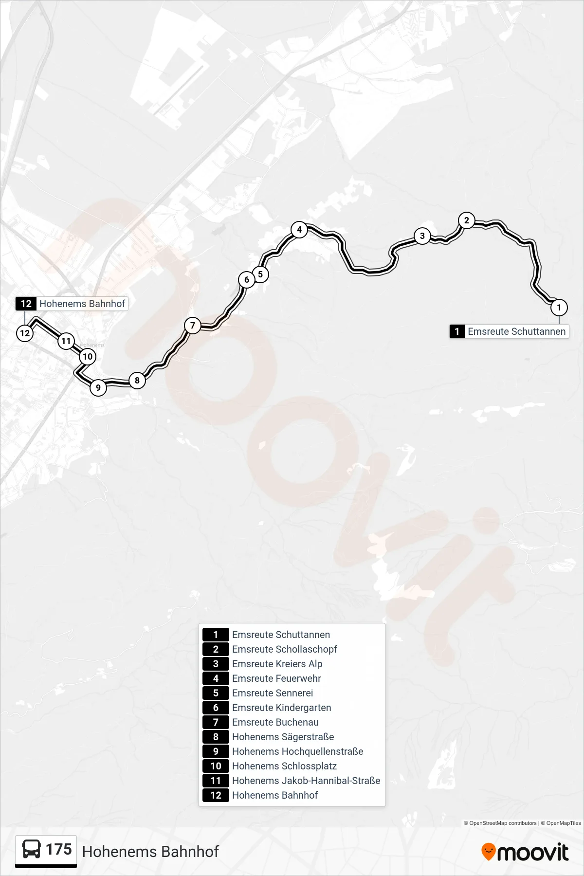 Linie 175 (Bus) Richtung Hohenems Bahnhof: Route und Haltestellen auf der Karte