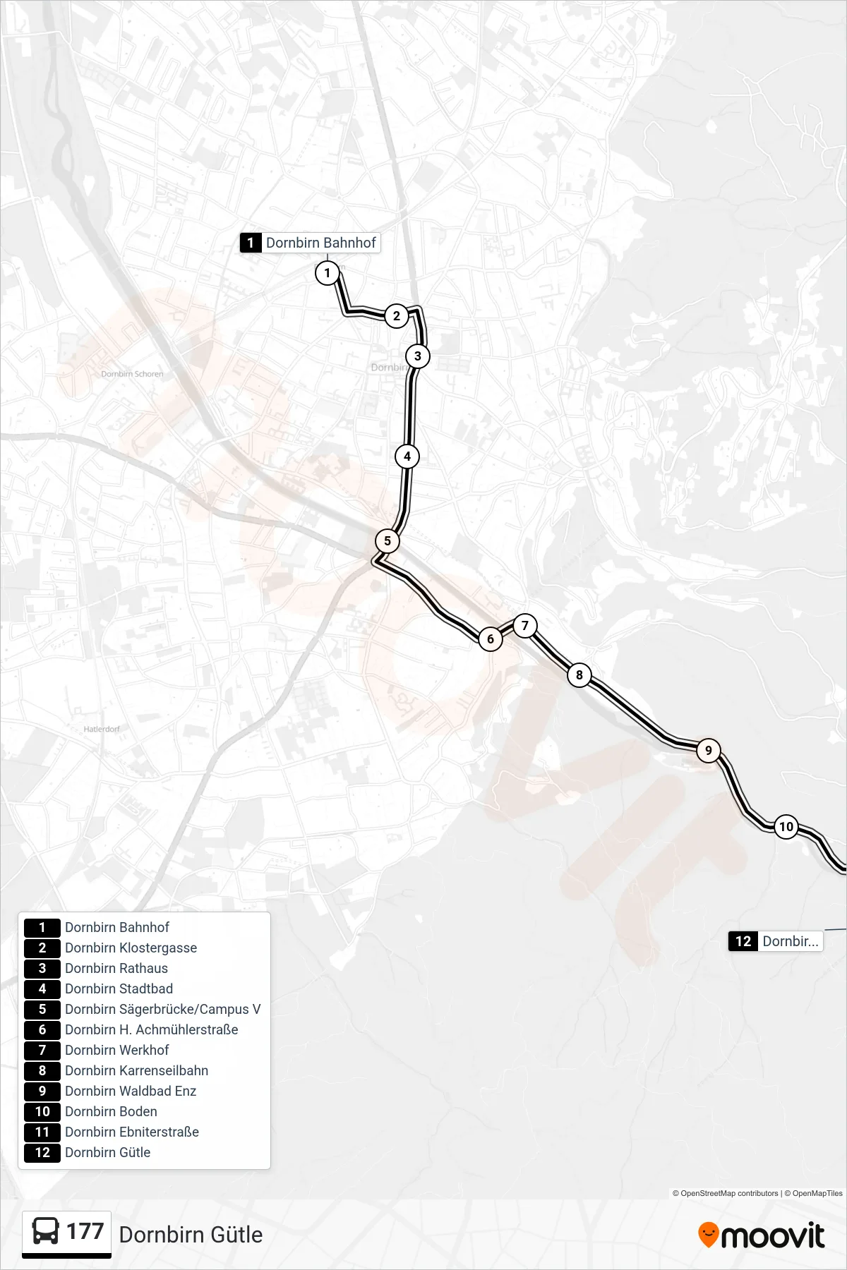 177 bus Line (Dornbirn Gütle) route and stops on a map