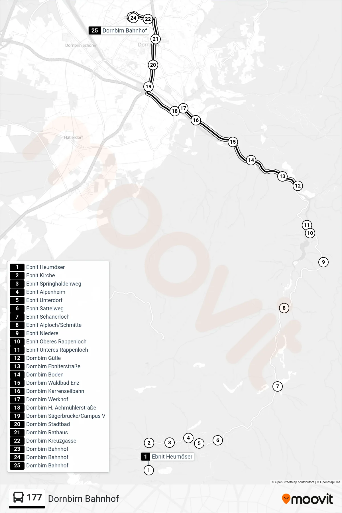 177 bus Line (Dornbirn Bahnhof) route and stops on a map