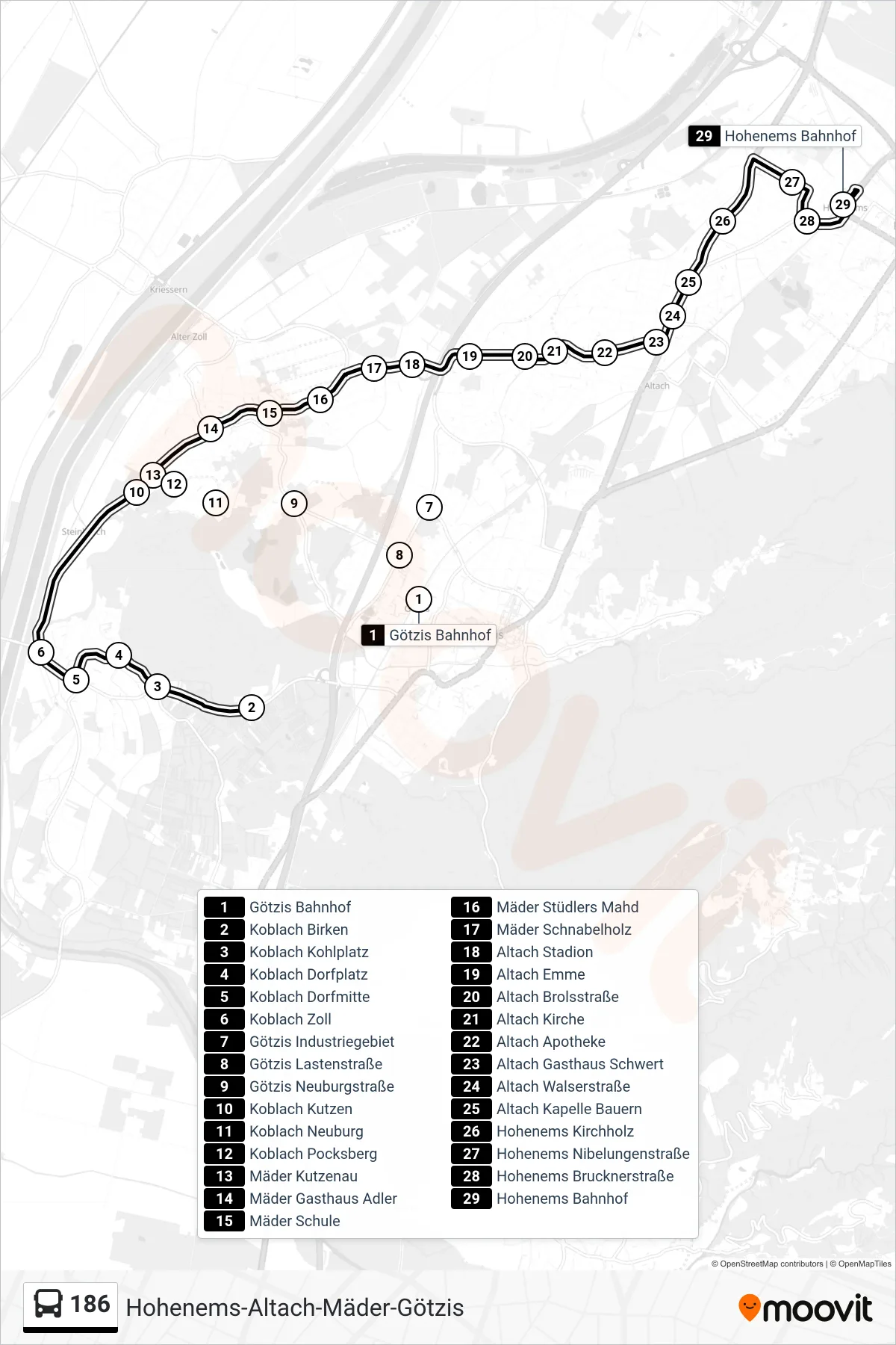 186 bus Line (Hohenems Bahnhof) route and stops on a map