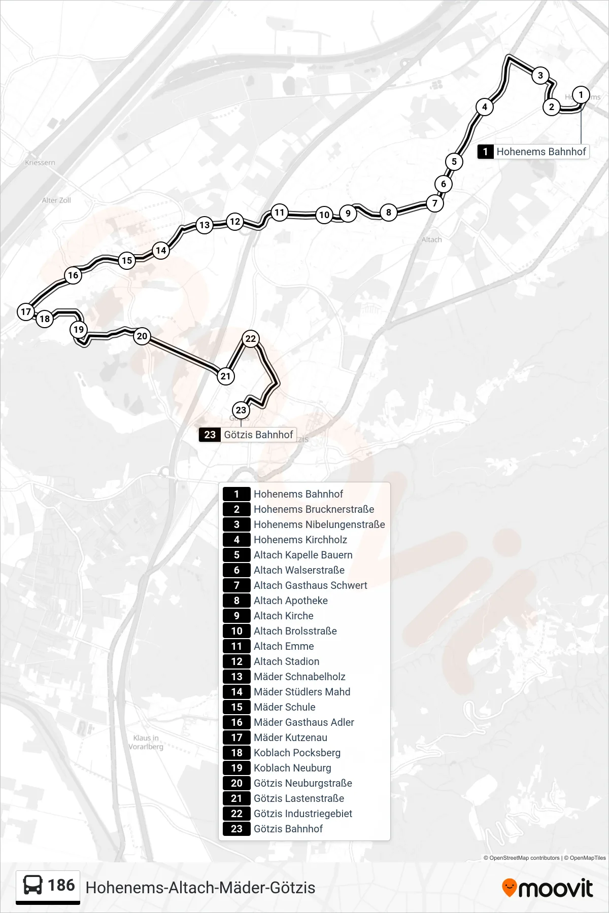 186 bus Line (Götzis Bahnhof) route and stops on a map