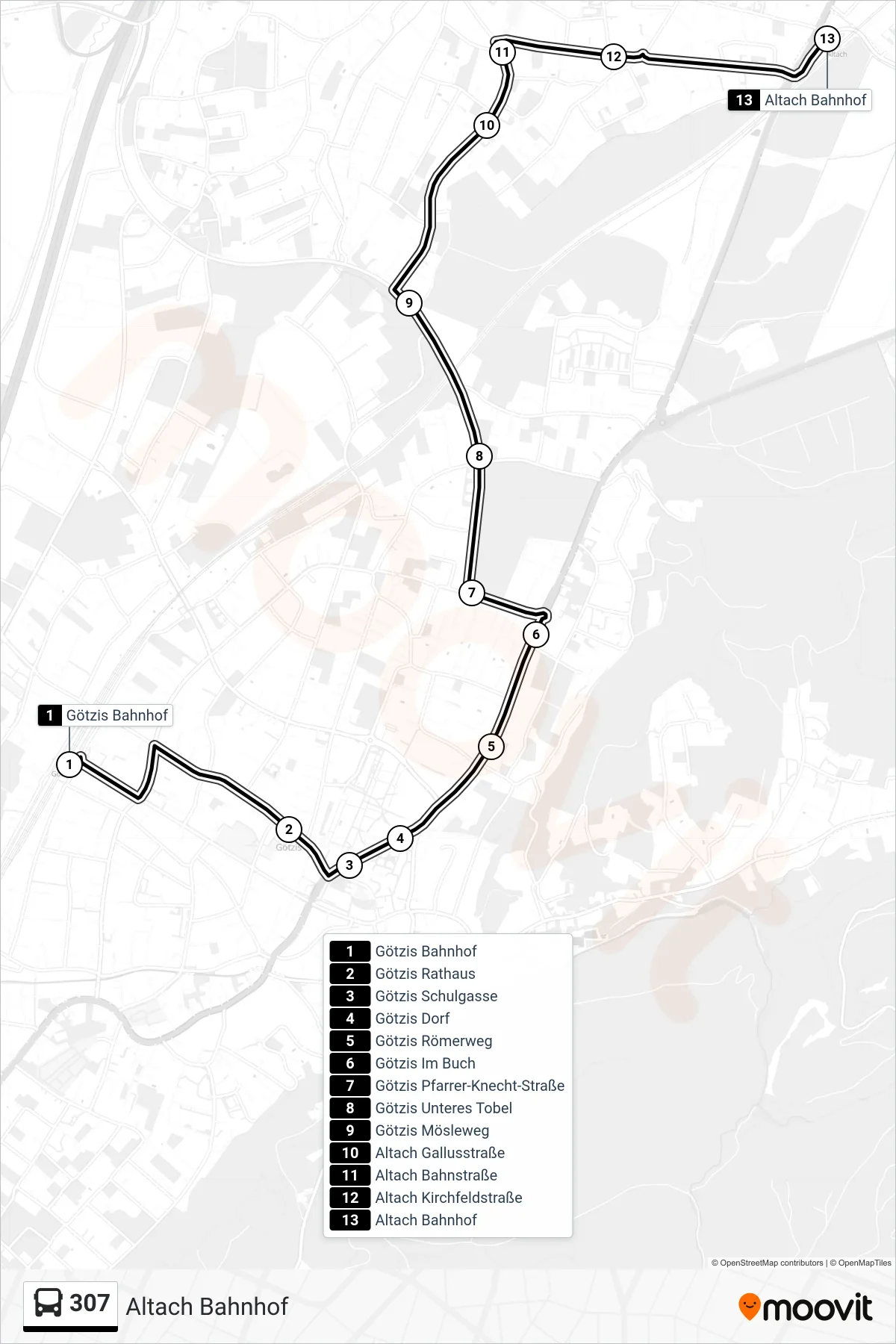 307 bus Line (Altach Bahnhof) route and stops on a map