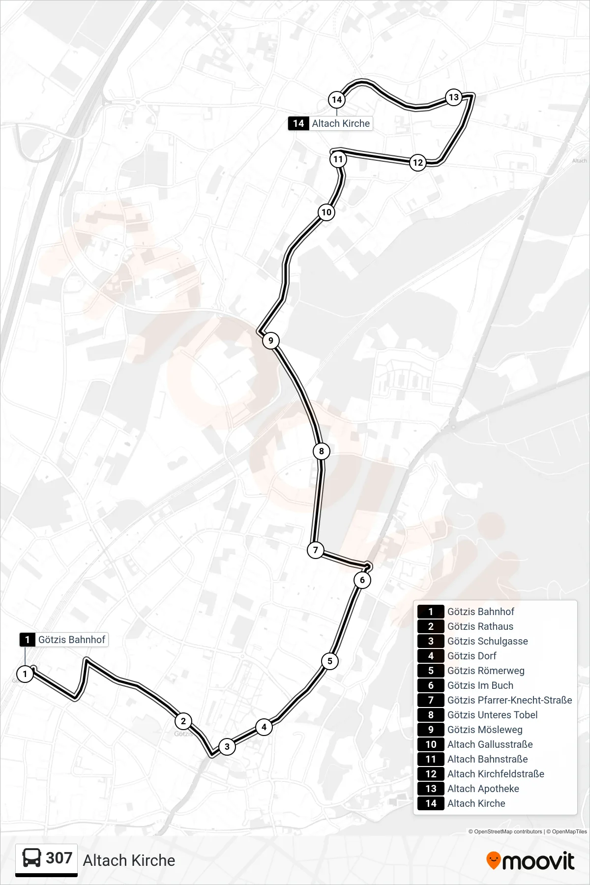 307 bus Line (Altach Kirche) route and stops on a map