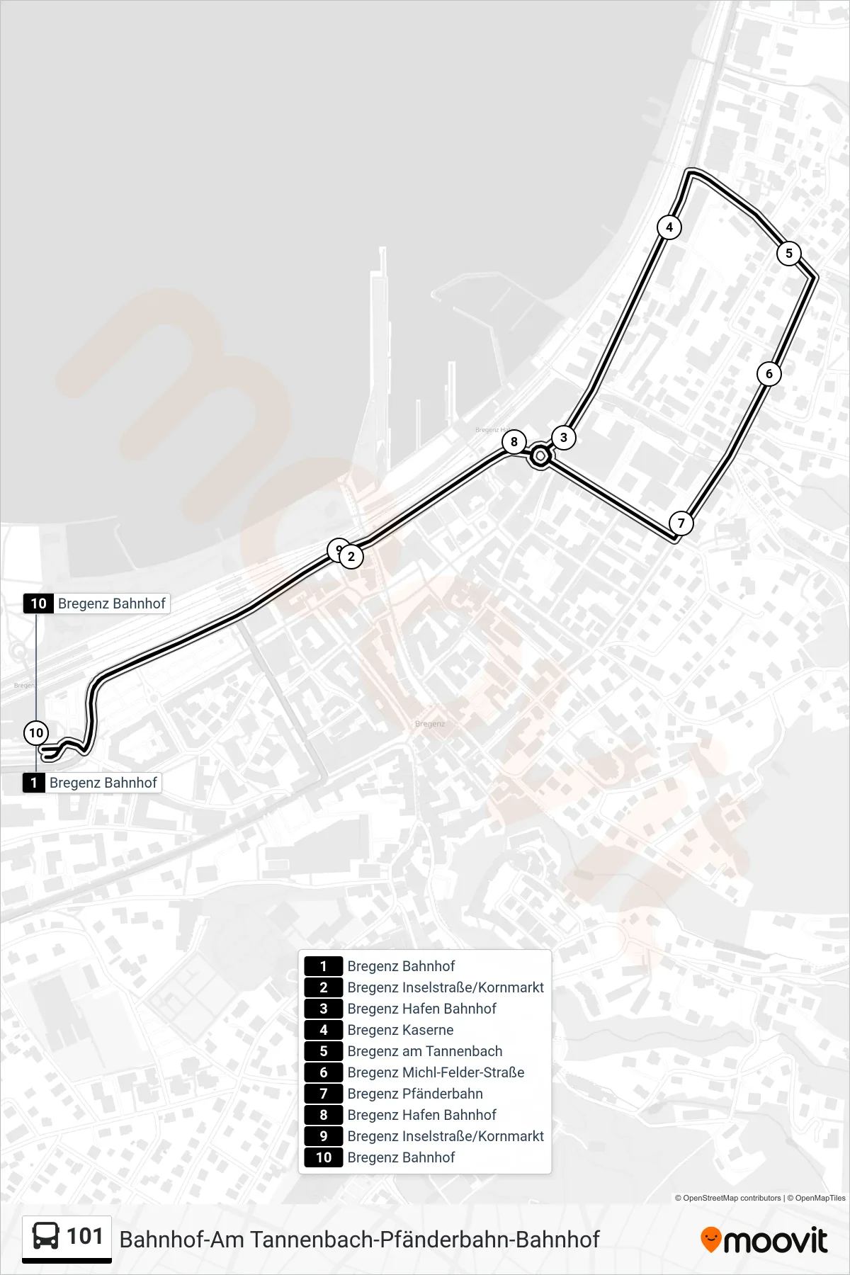 Linie 101 (Bus) Richtung Bregenz Bahnhof: Route und Haltestellen auf der Karte