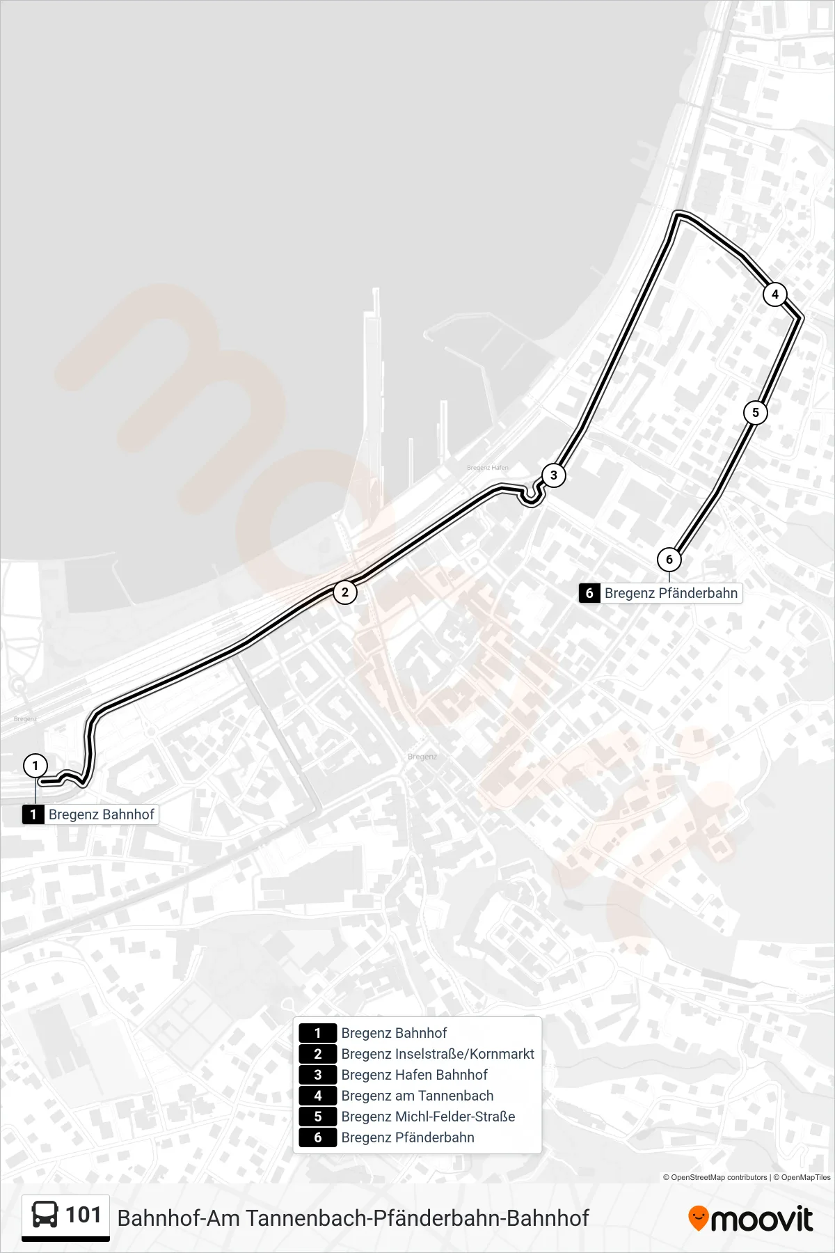 Linie 101 (Bus) Richtung Bregenz Pfänderbahn: Route und Haltestellen auf der Karte