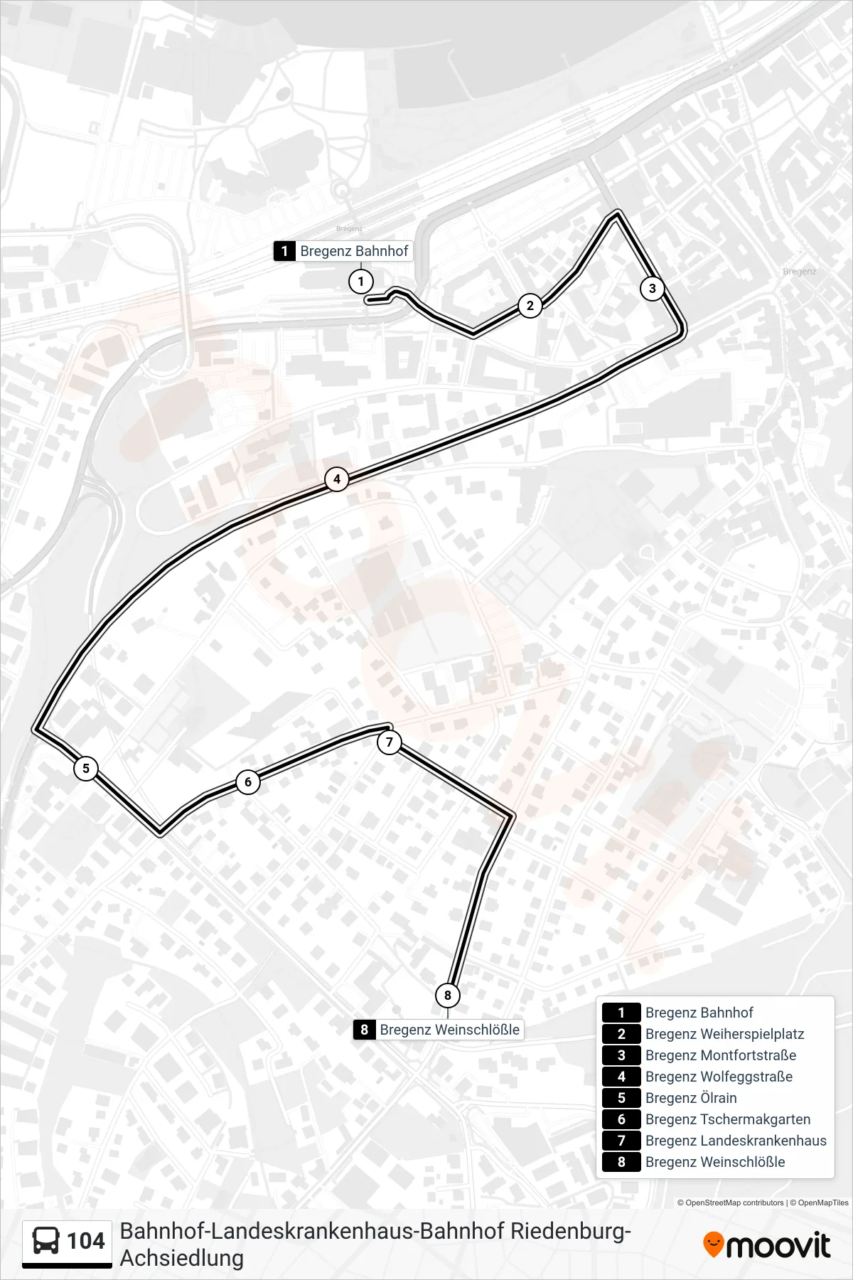 104 bus Line (Bregenz Weinschlößle) route and stops on a map