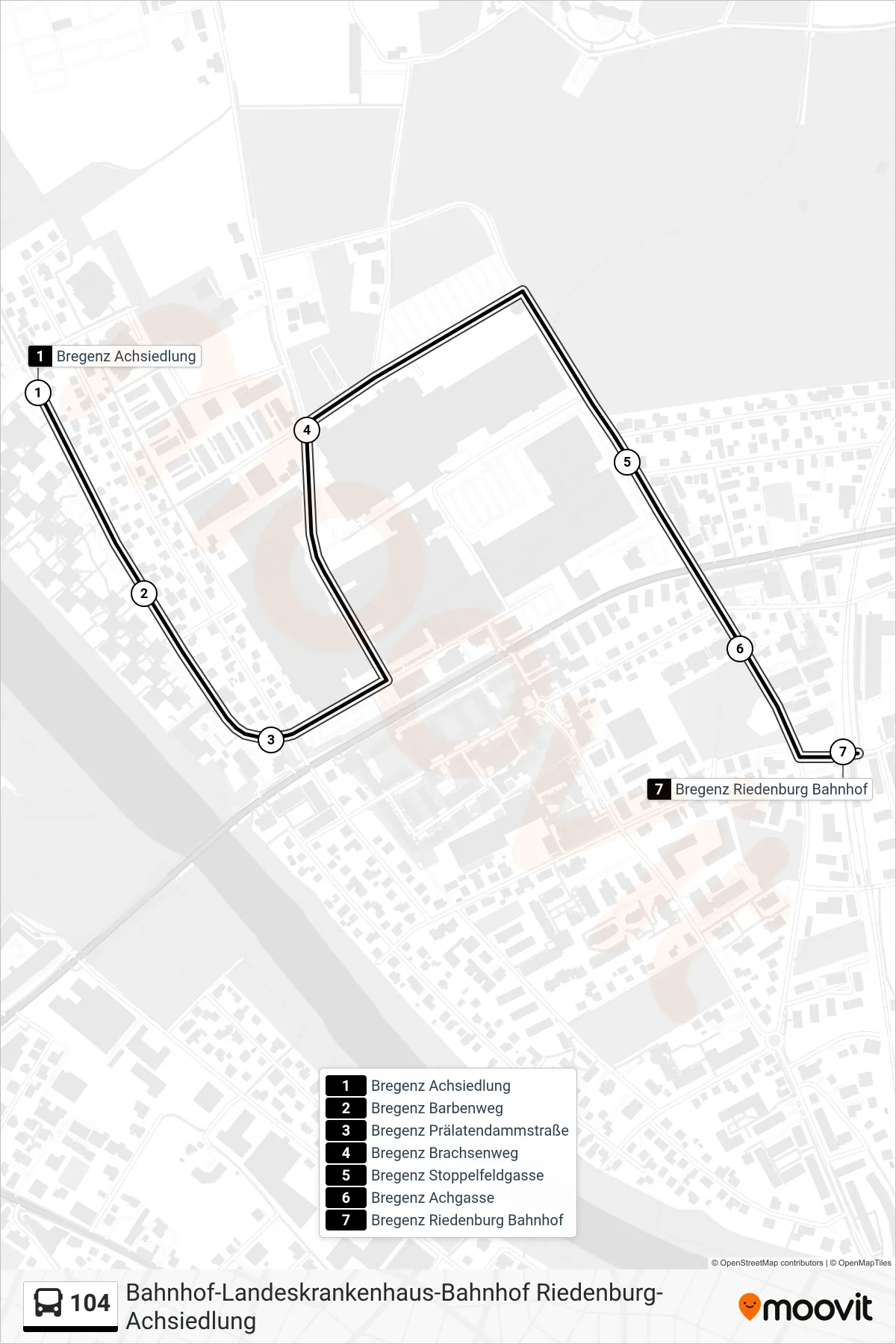 Linie 104 (Bus) Richtung Bregenz Riedenburg Bahnhof: Route und Haltestellen auf der Karte