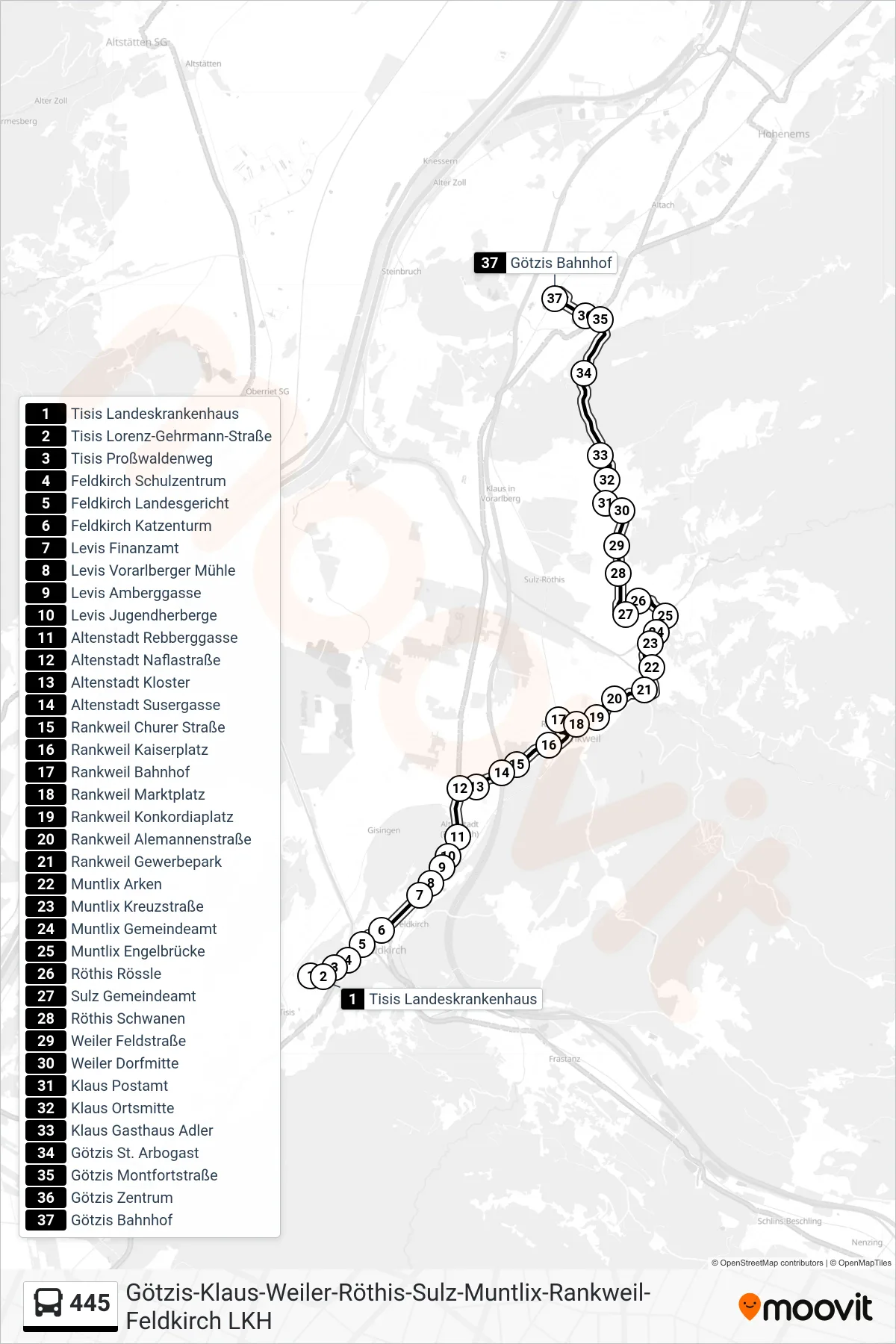 445 bus Line (Götzis Bahnhof) route and stops on a map