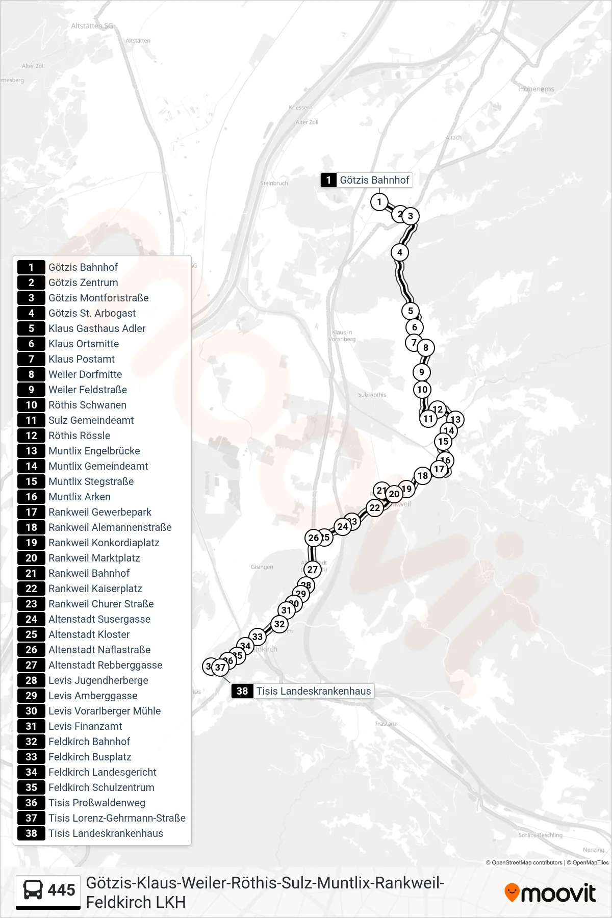 445 bus Line (Tisis Landeskrankenhaus) route and stops on a map
