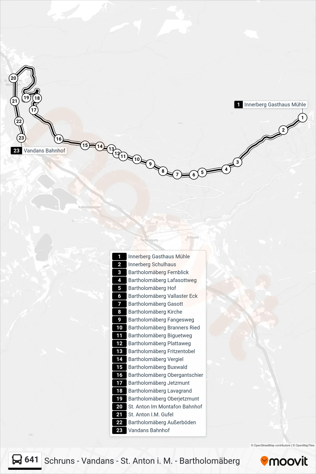 Linie 641 (Bus) Richtung Vandans Bahnhof: Route und Haltestellen auf der Karte