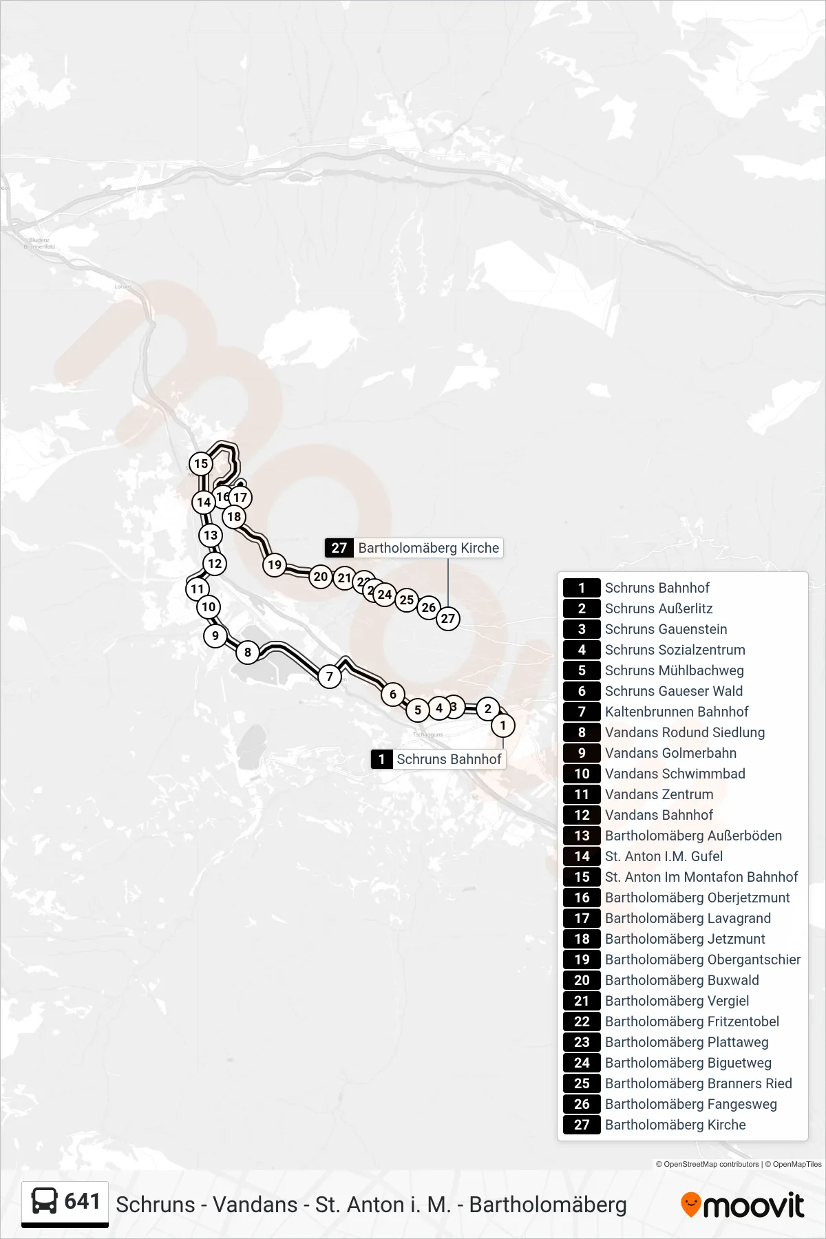 641 bus Line (Bartholomäberg Kirche) route and stops on a map