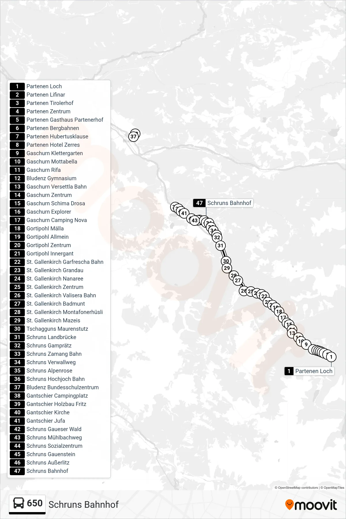 Linie 650 (Bus) Richtung Schruns Bahnhof: Route und Haltestellen auf der Karte