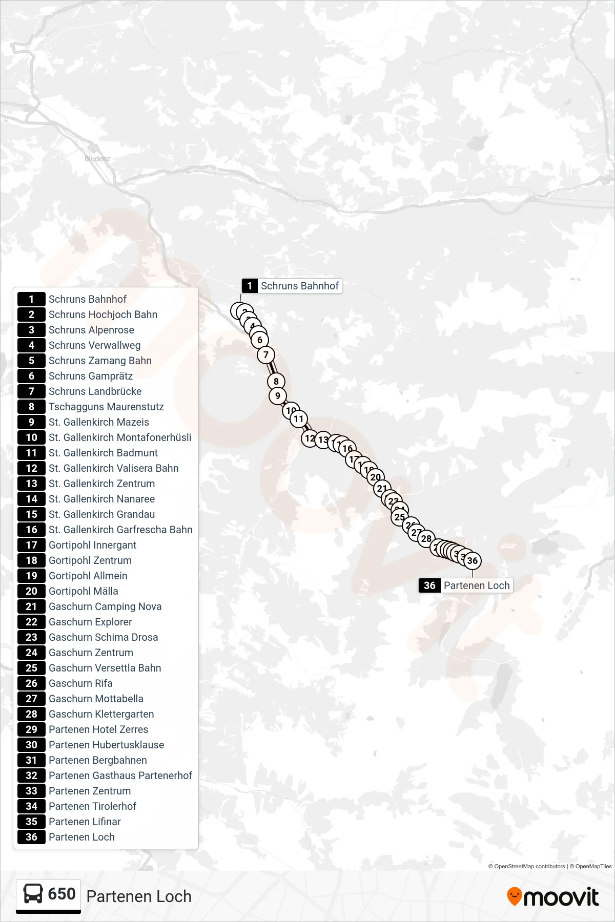 Linie 650 (Bus) Richtung Partenen Loch: Route und Haltestellen auf der Karte