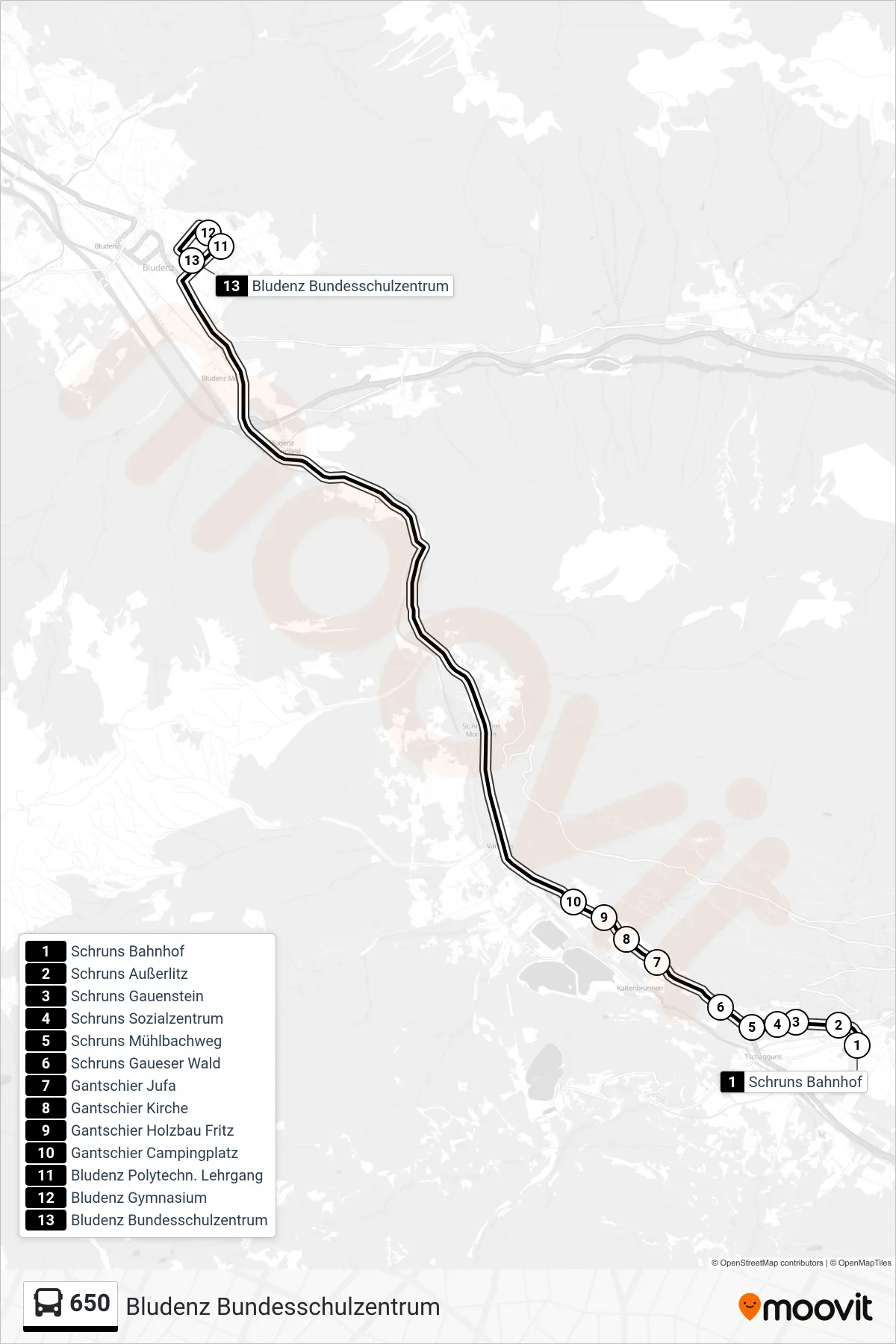 Linie 650 (Bus) Richtung Bludenz Bundesschulzentrum: Route und Haltestellen auf der Karte