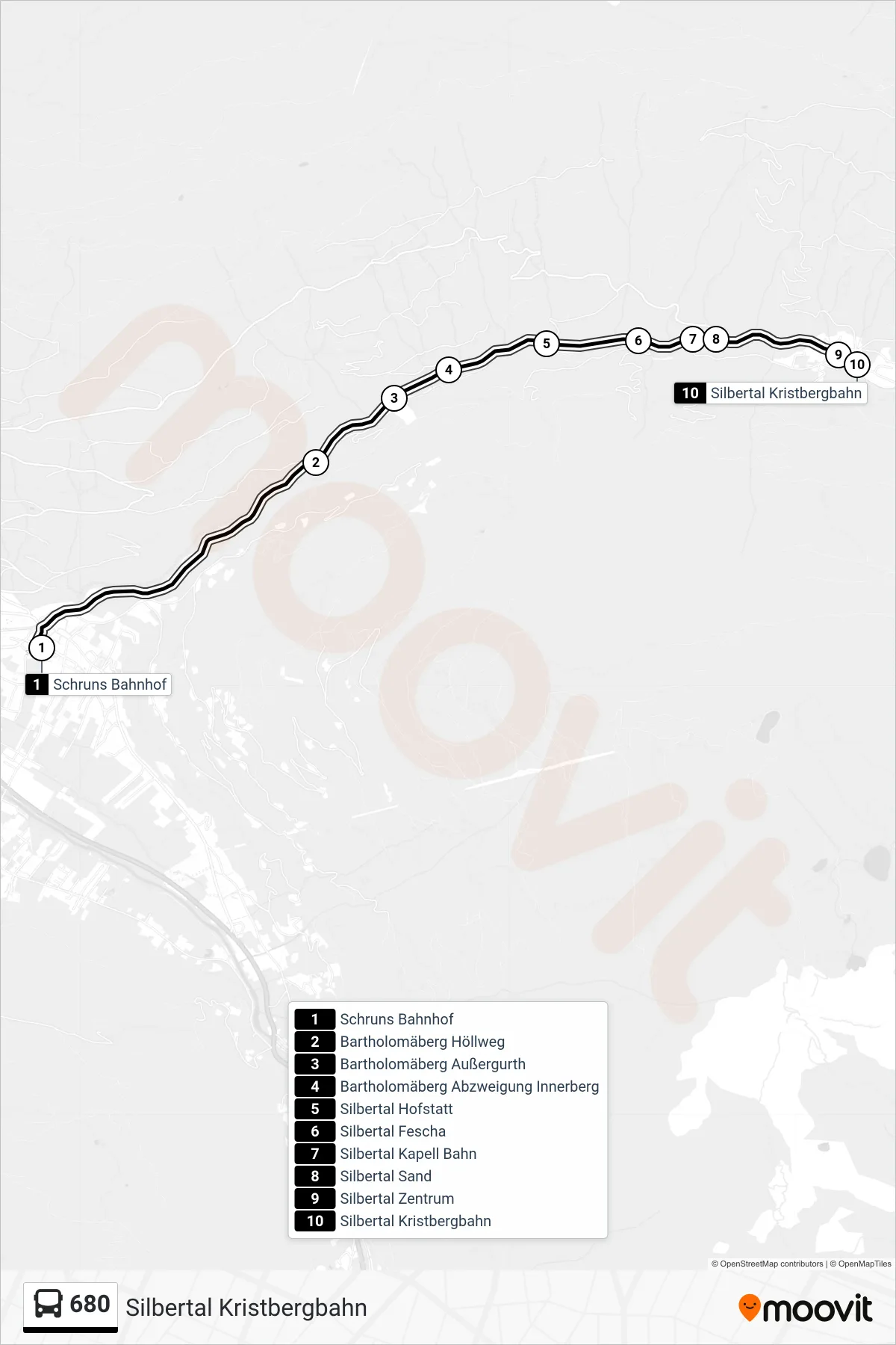 Linie 680 (Bus) Richtung Silbertal Kristbergbahn: Route und Haltestellen auf der Karte