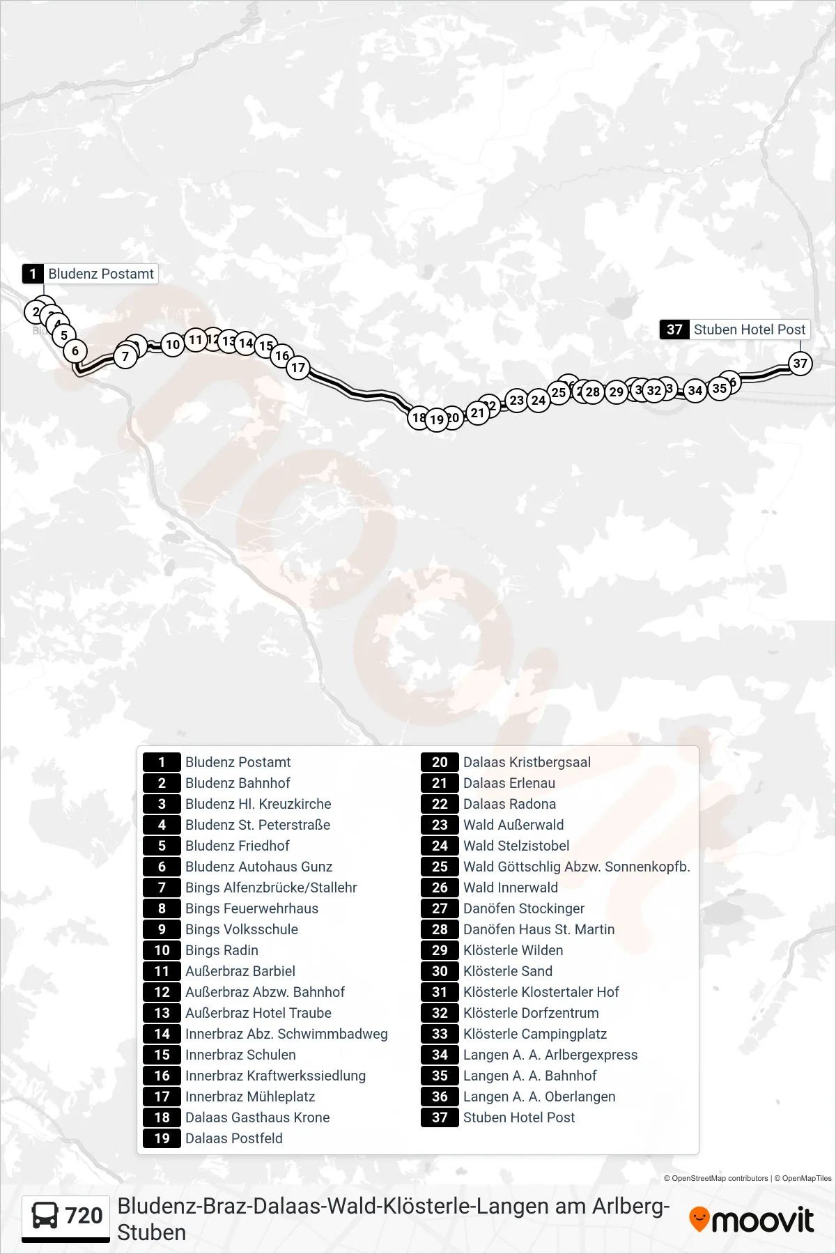 Linie 720 (Bus) Richtung Stuben Hotel Post: Route und Haltestellen auf der Karte