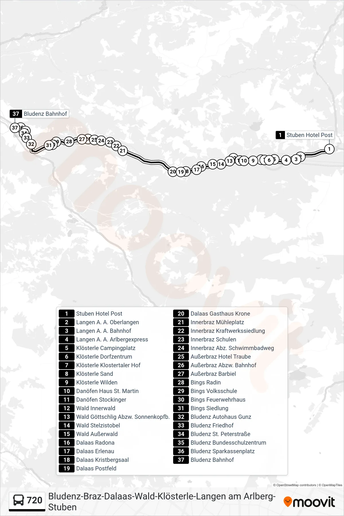 Linie 720 (Bus) Richtung Bludenz Bahnhof: Route und Haltestellen auf der Karte