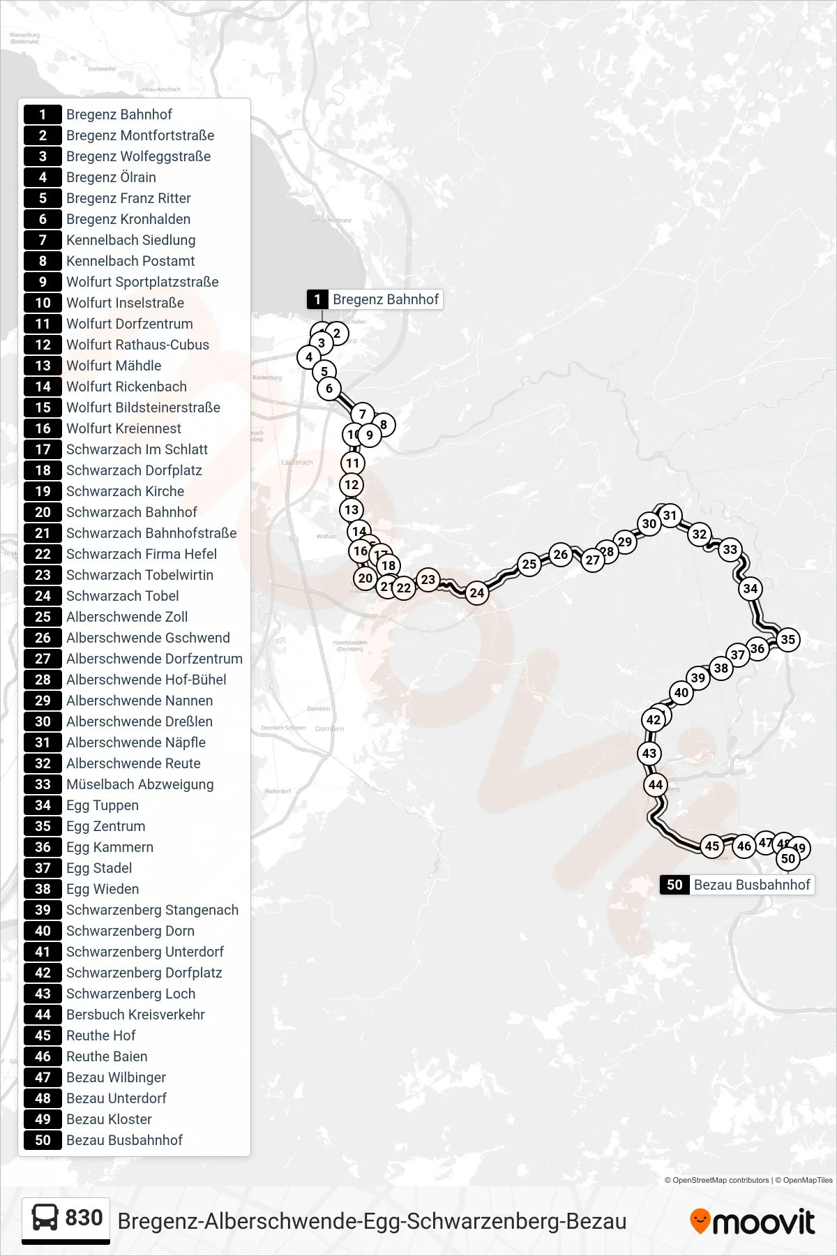 830 bus Line (Bezau Busbahnhof) route and stops on a map