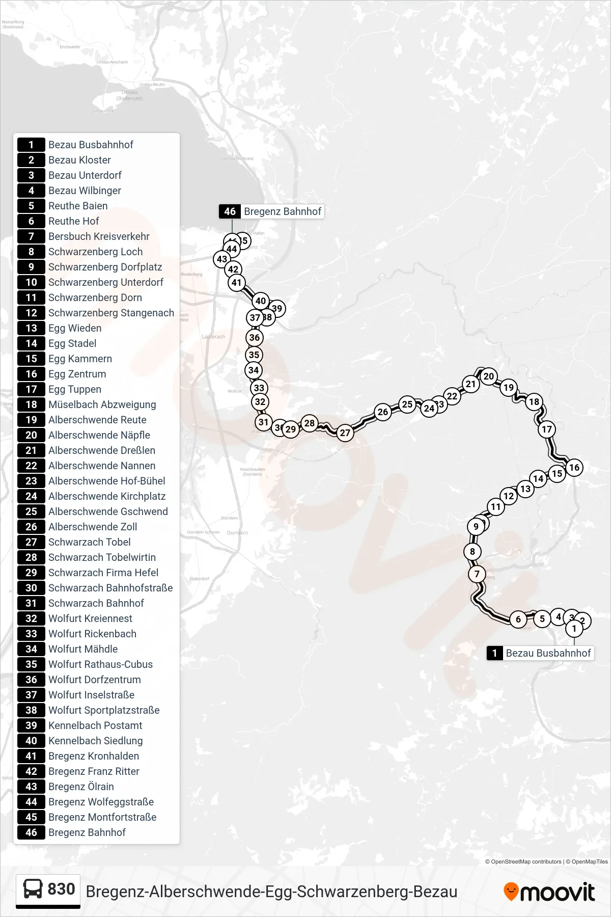 Linie 830 (Bus) Richtung Bregenz Bahnhof: Route und Haltestellen auf der Karte