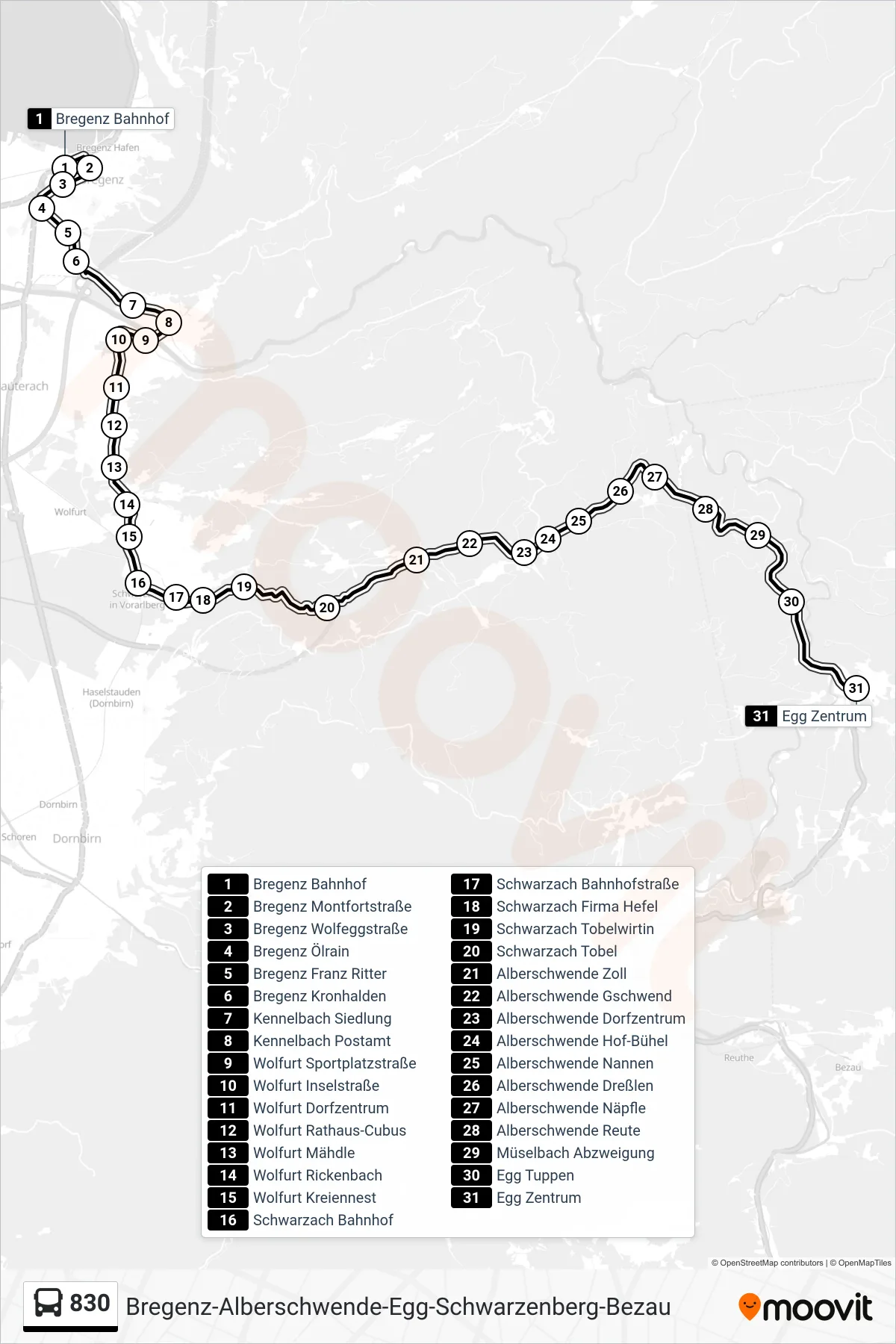 Linie 830 (Bus) Richtung Egg Zentrum: Route und Haltestellen auf der Karte