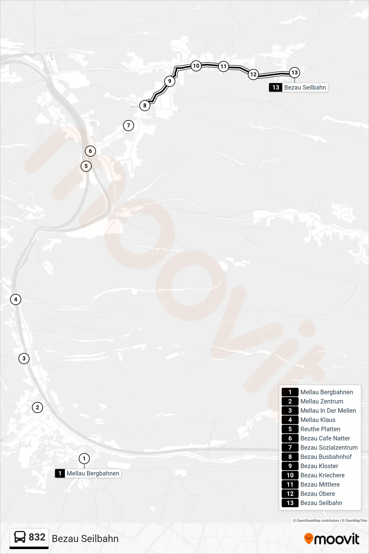 Linie 832 (Bus) Richtung Bezau Seilbahn: Route und Haltestellen auf der Karte