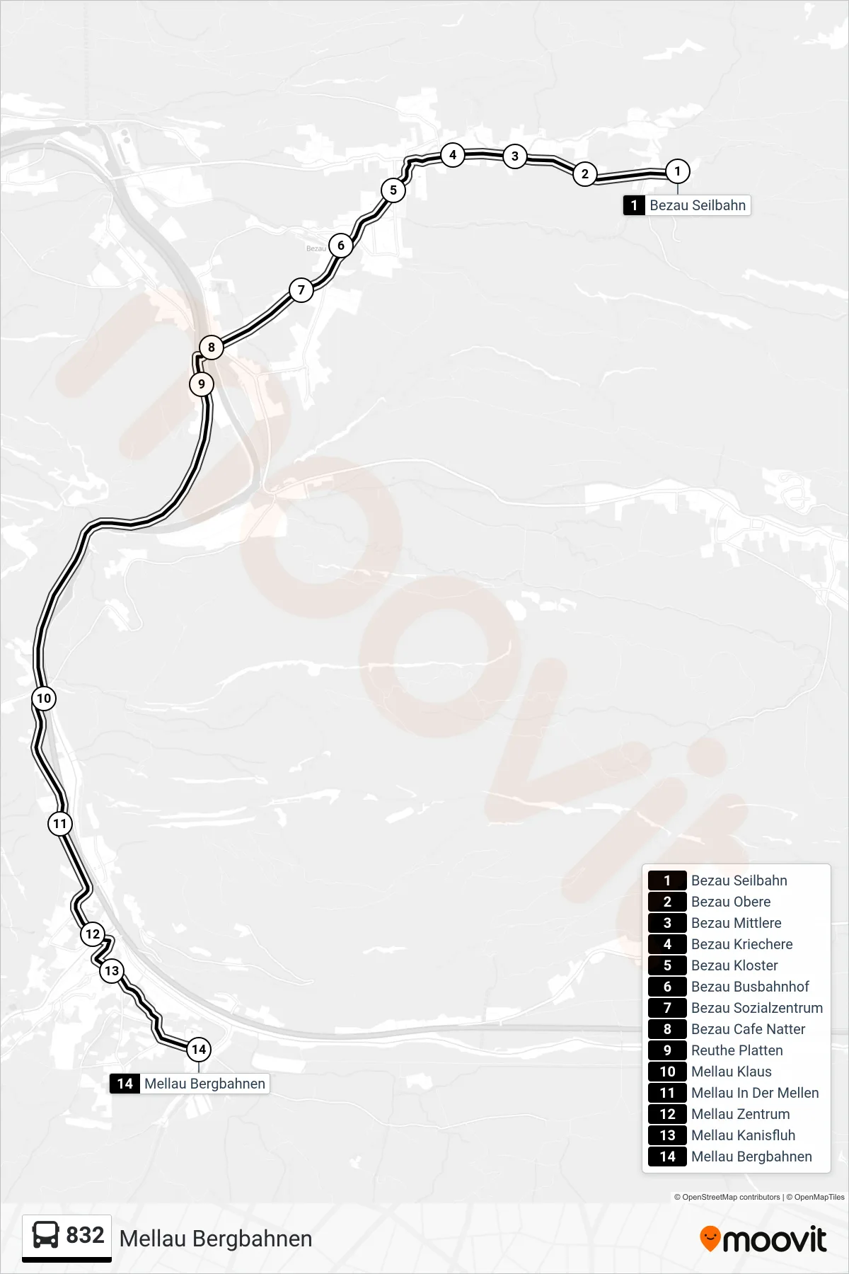 Linie 832 (Bus) Richtung Mellau Bergbahnen: Route und Haltestellen auf der Karte