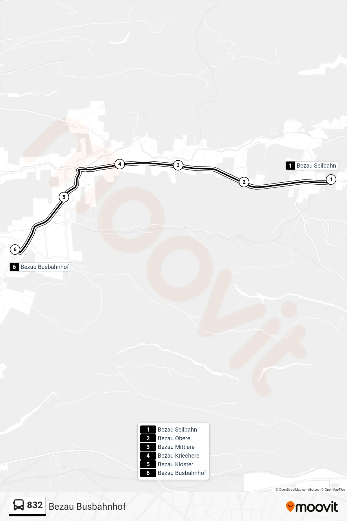 832 bus Line (Bezau Busbahnhof) route and stops on a map
