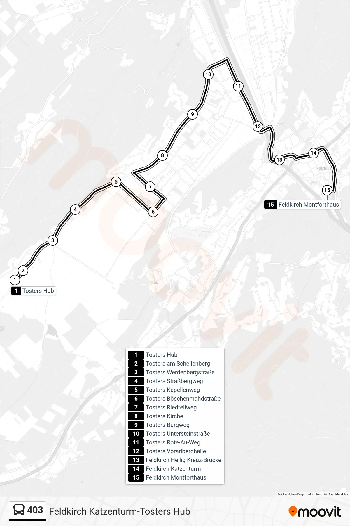 Linie 403 (Bus) Richtung Feldkirch Montforthaus: Route und Haltestellen auf der Karte