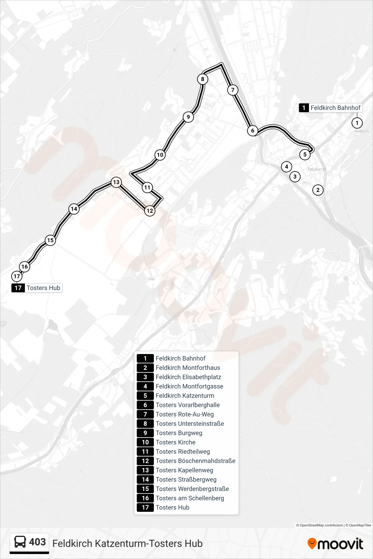 403 bus Line (Tosters Hub) route and stops on a map