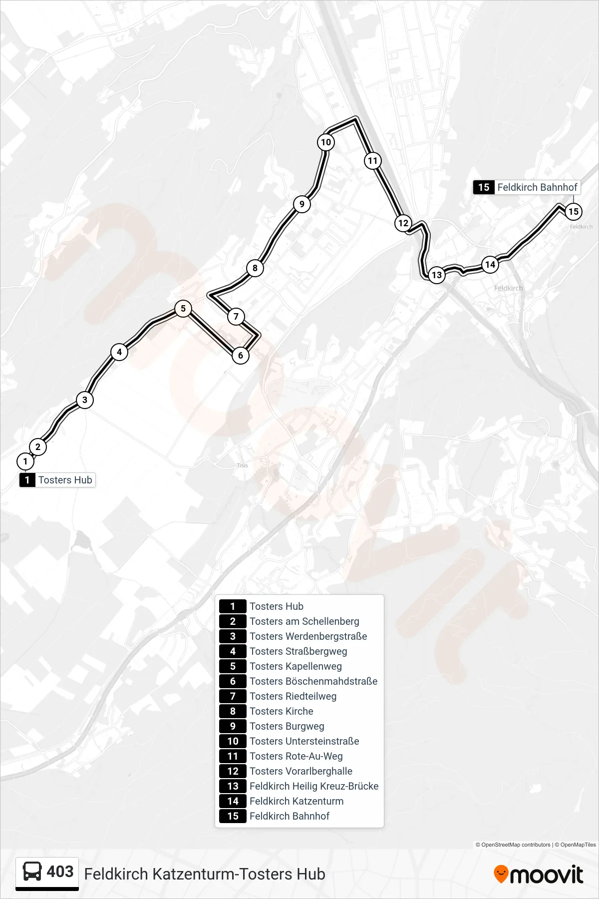 403 bus Line (Feldkirch Bahnhof) route and stops on a map
