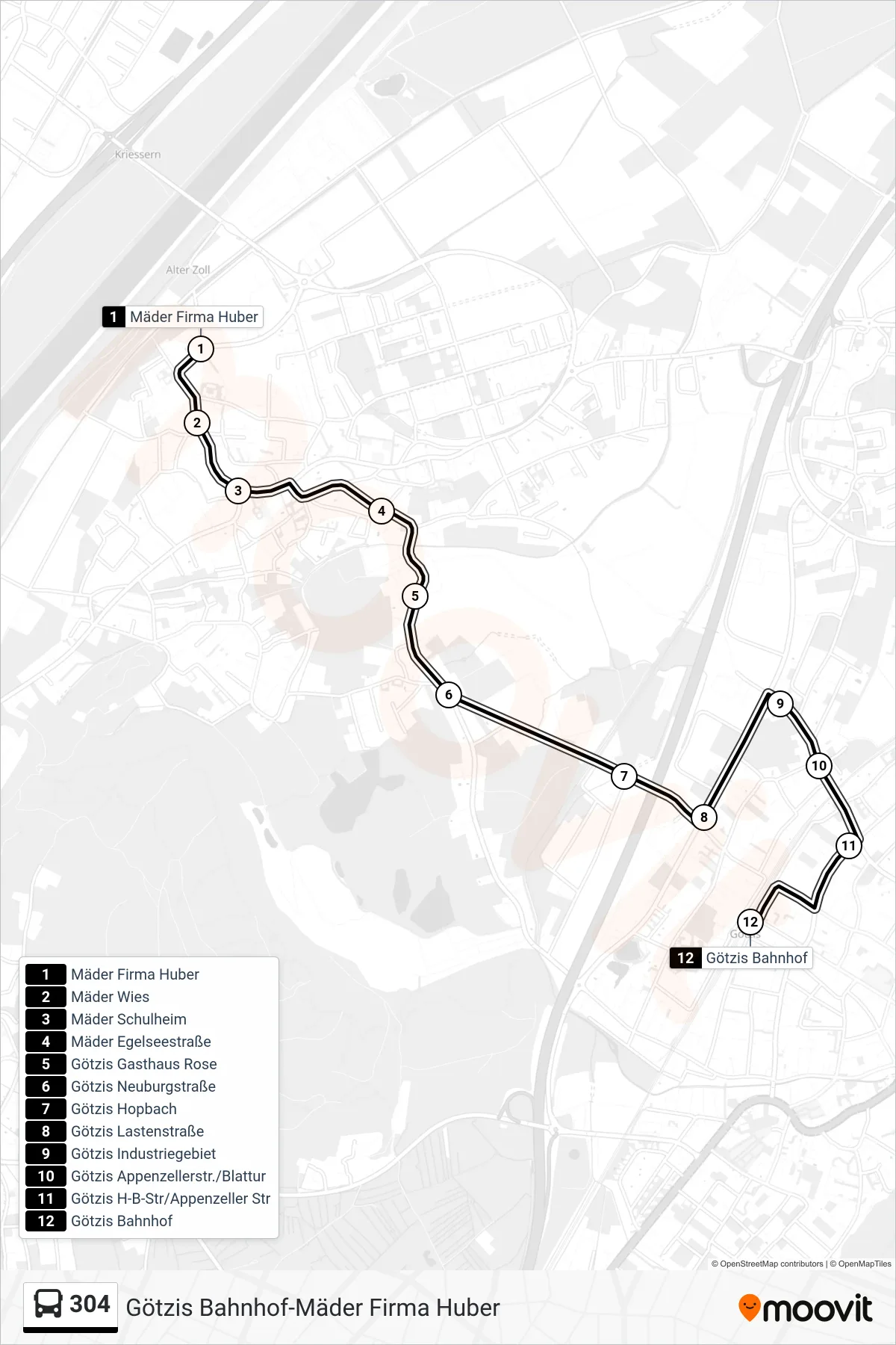 304 bus Line (Götzis Bahnhof) route and stops on a map