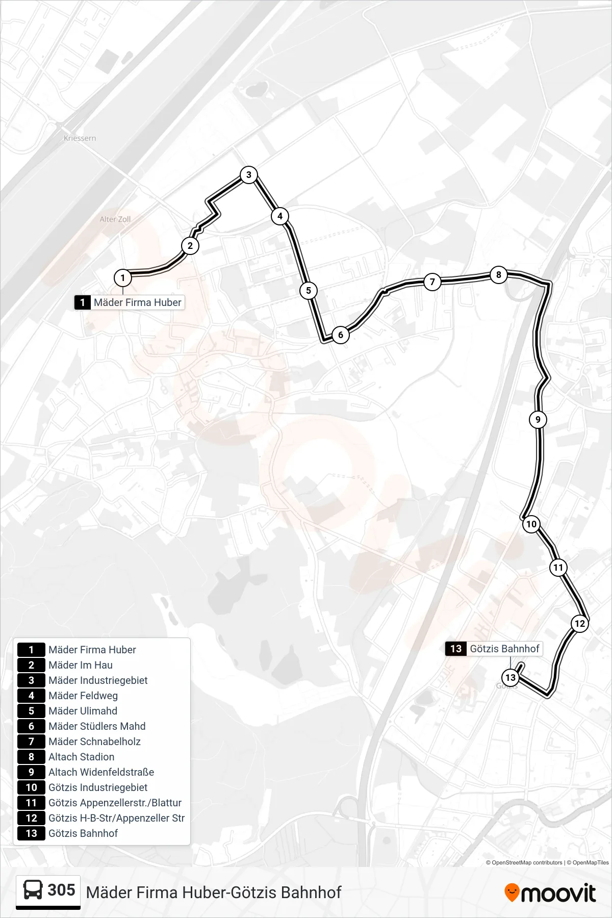 Linie 305 (Bus) Richtung Götzis Bahnhof: Route und Haltestellen auf der Karte