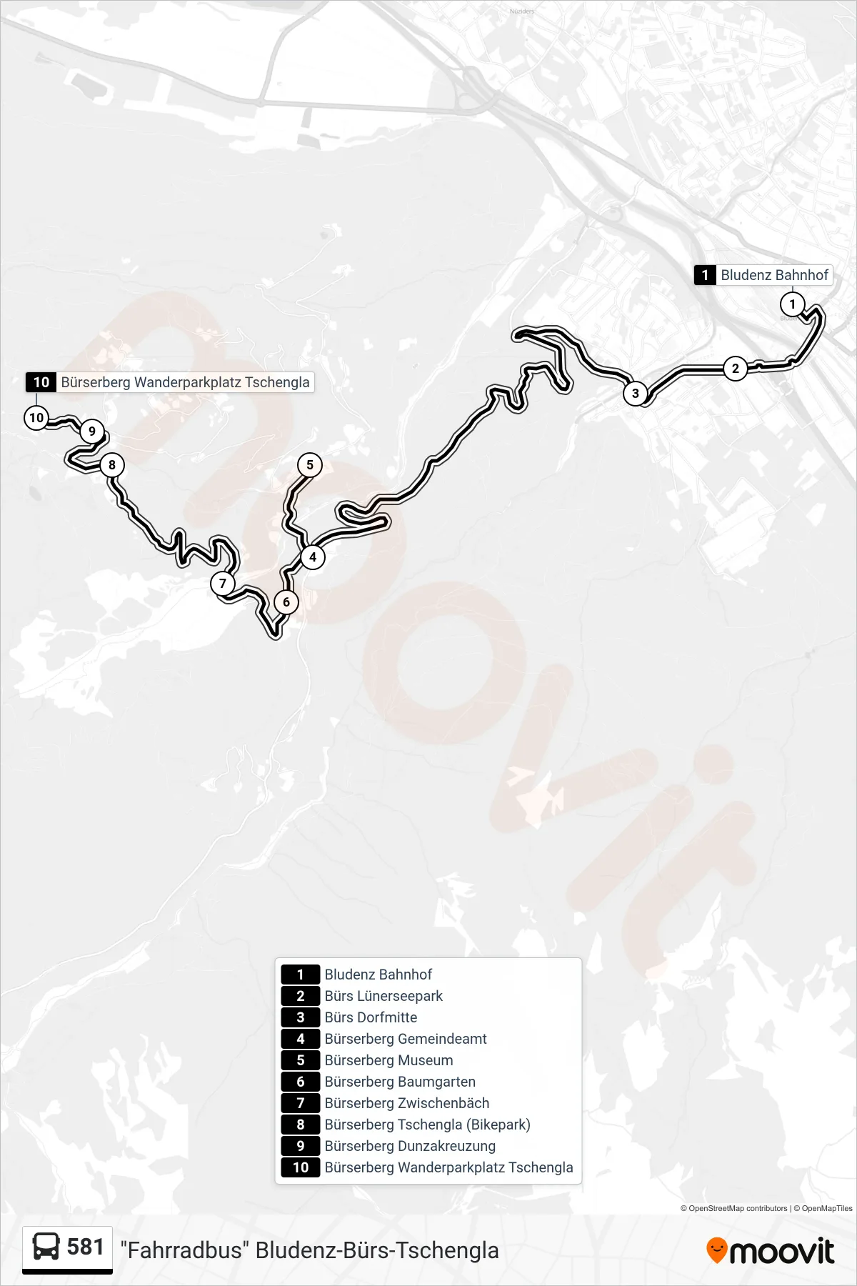 581 bus Line (Bürserberg Wanderparkplatz Tschengla) route and stops on a map