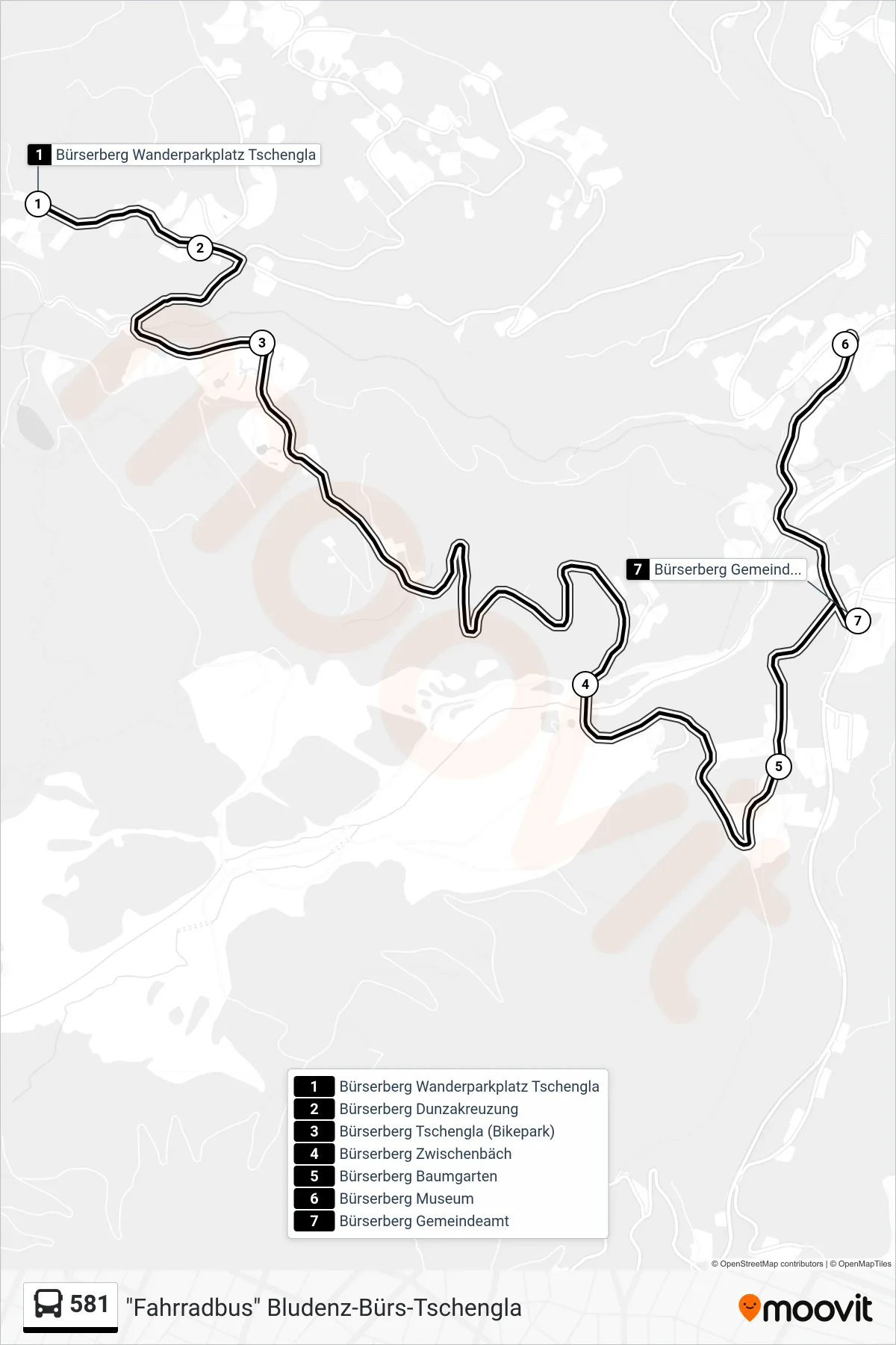 581 bus Line (Bürserberg Gemeindeamt) route and stops on a map