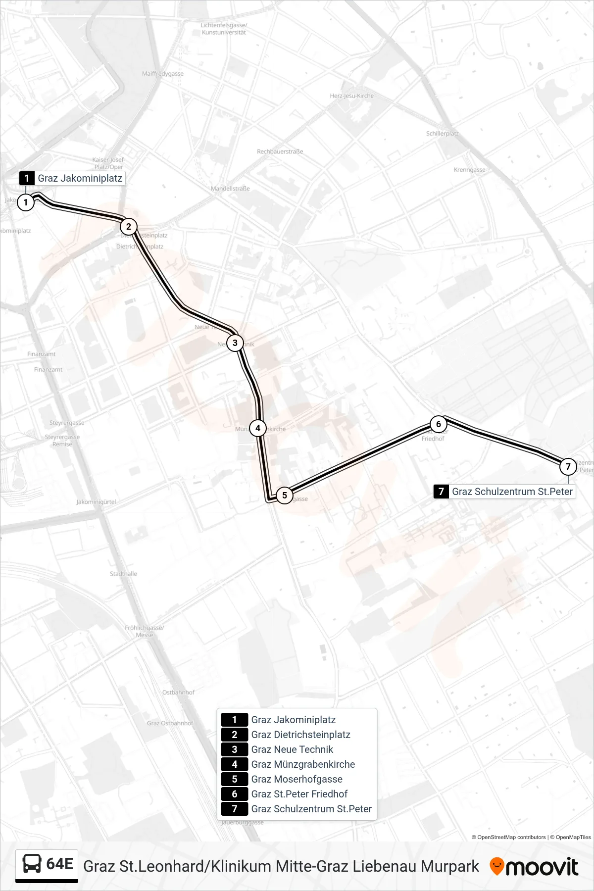 64E bus Line (Sz St. Peter) route and stops on a map