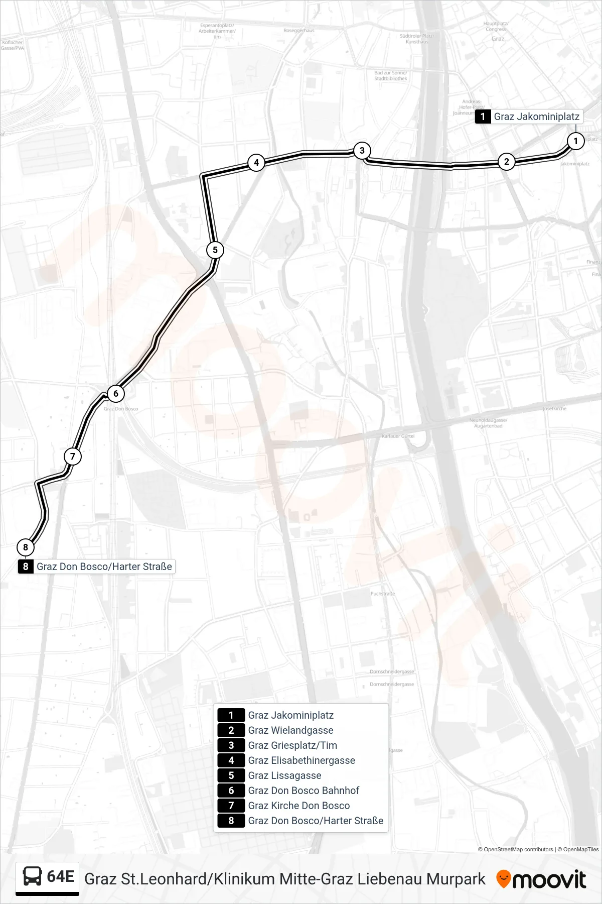 64E bus Line (Don Bosco/Harter Straße) route and stops on a map