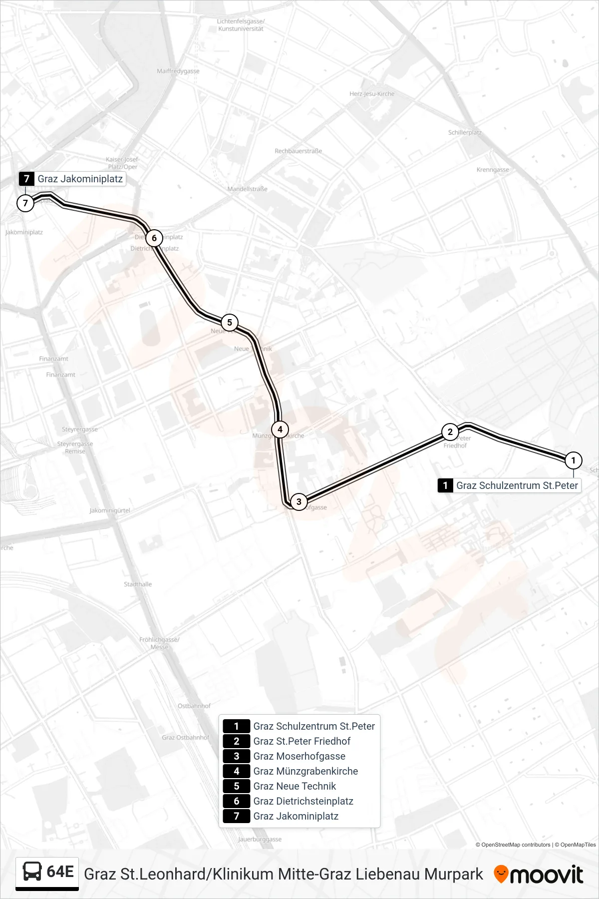 64E bus Line (Jakominiplatz) route and stops on a map
