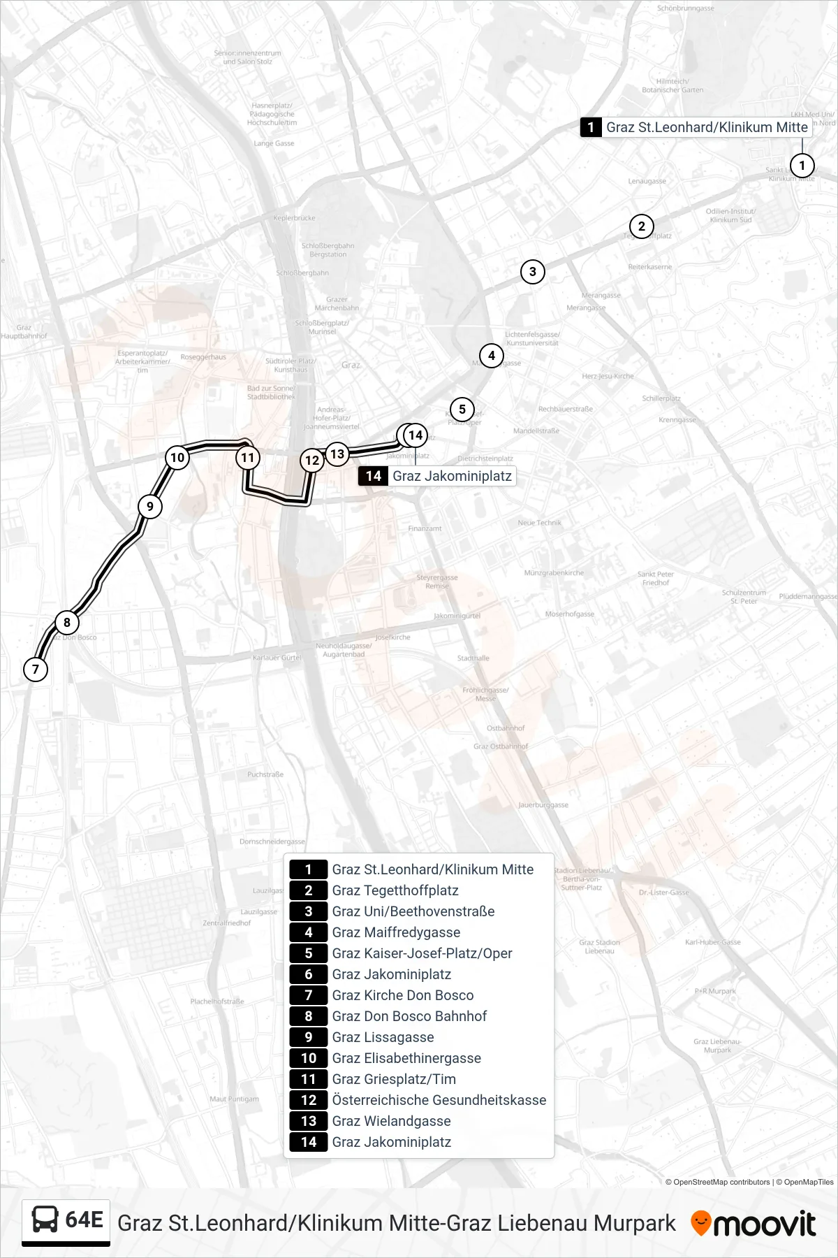 Linie 64E (Bus) Richtung Jakominiplatz: Route und Haltestellen auf der Karte