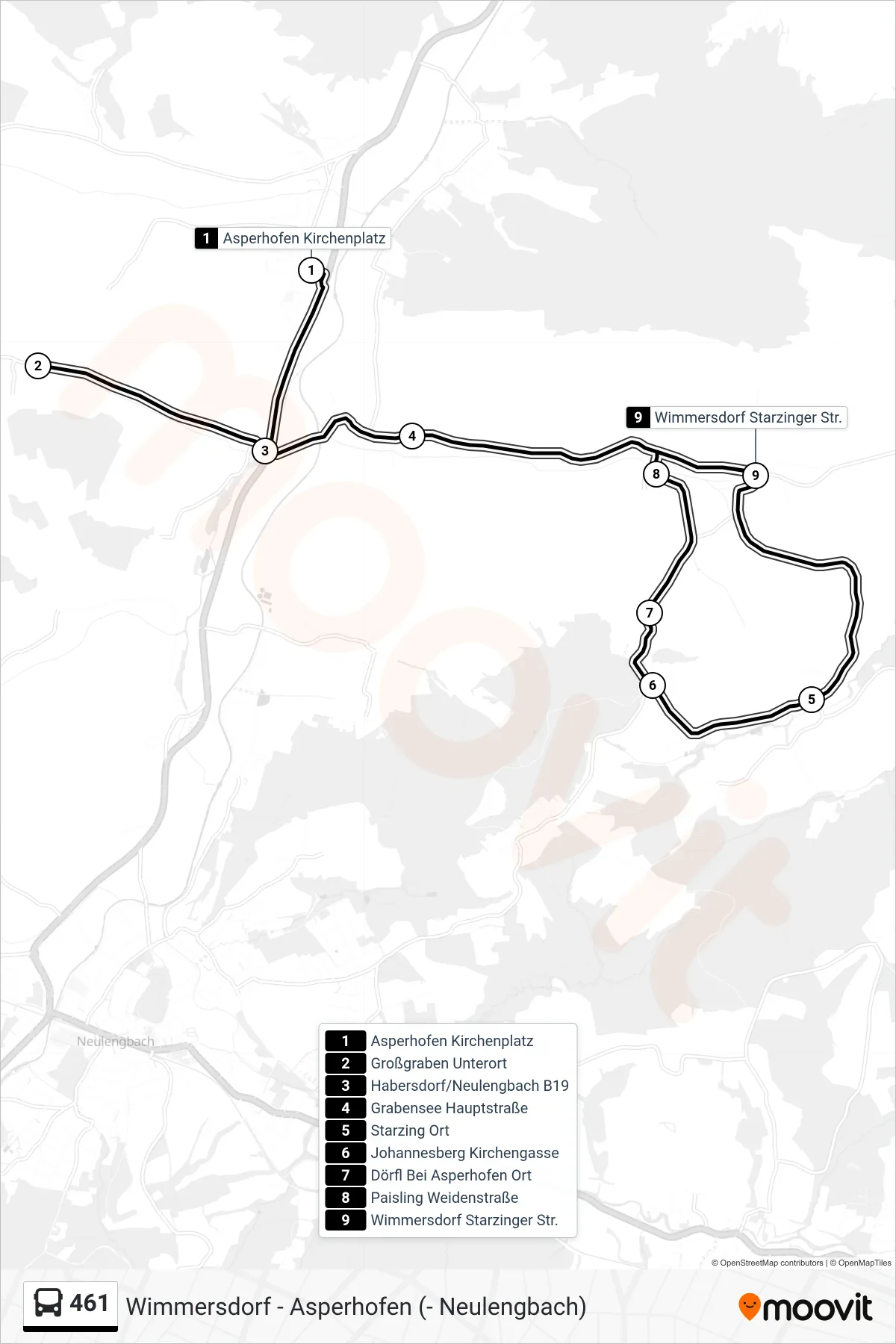Linie 461 (Bus) Richtung Wimmersdorf Starzinger Str.: Route und Haltestellen auf der Karte