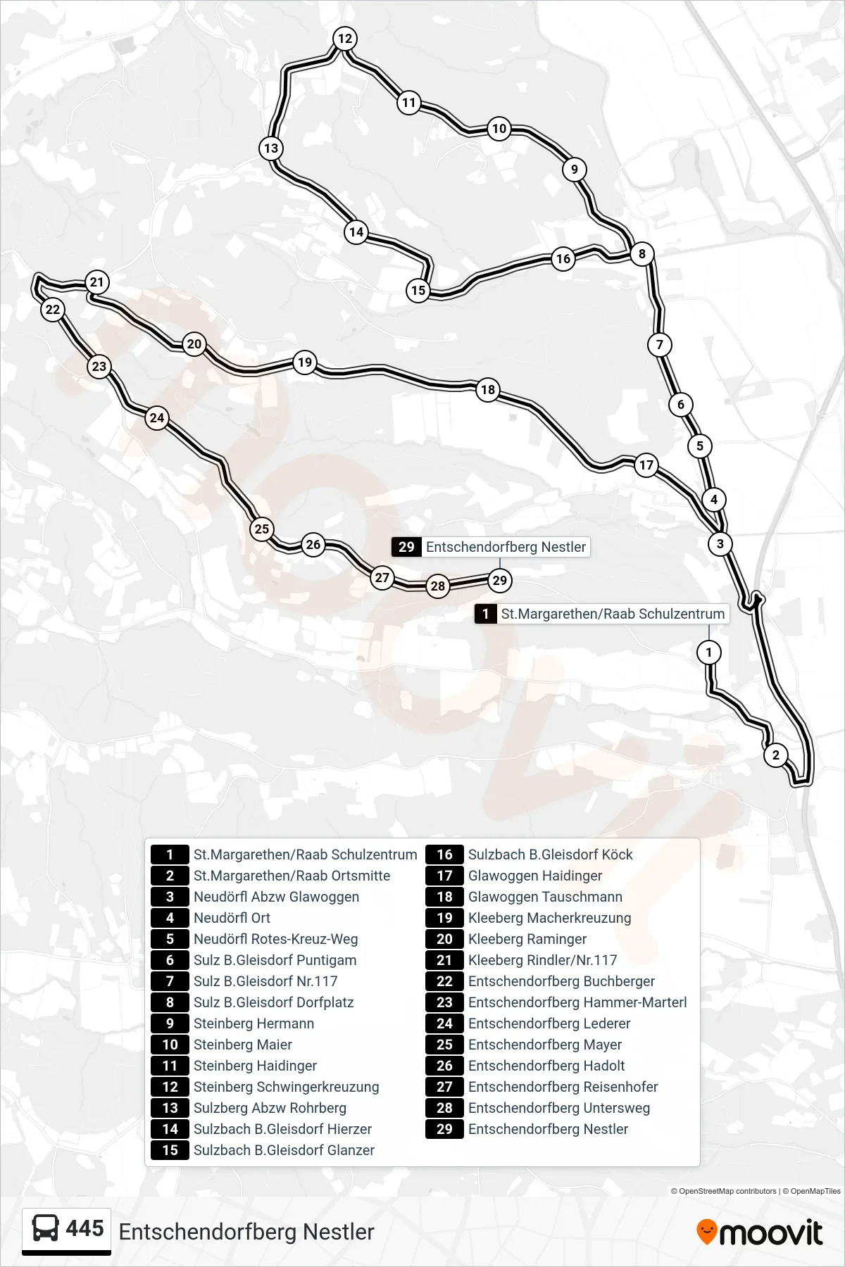 445 bus Line (Entschendorfberg Nestler) route and stops on a map