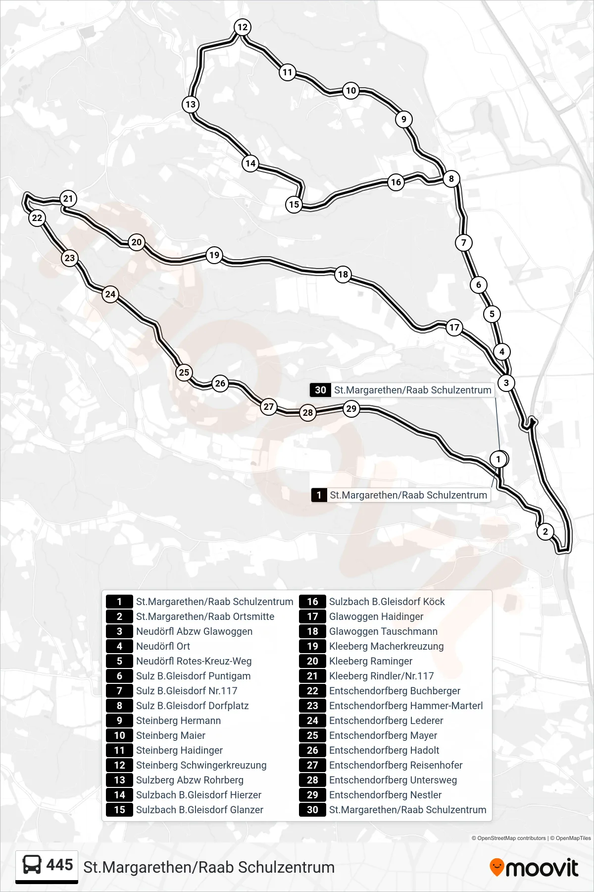 Linie 445 (Bus) Richtung St.Margarethen/Raab Schulzentrum: Route und Haltestellen auf der Karte