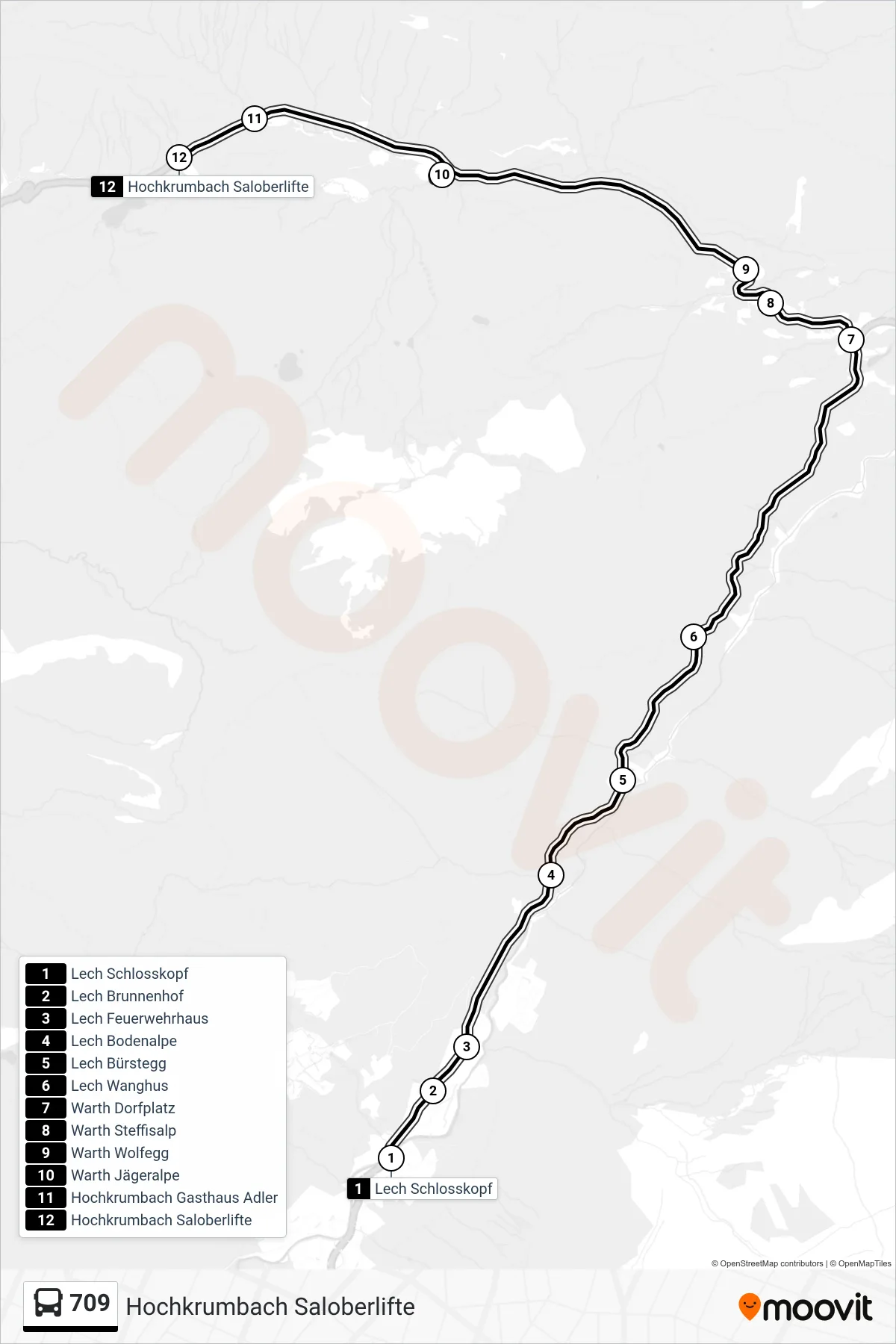 709 bus Line (Hochkrumbach Saloberlifte) route and stops on a map